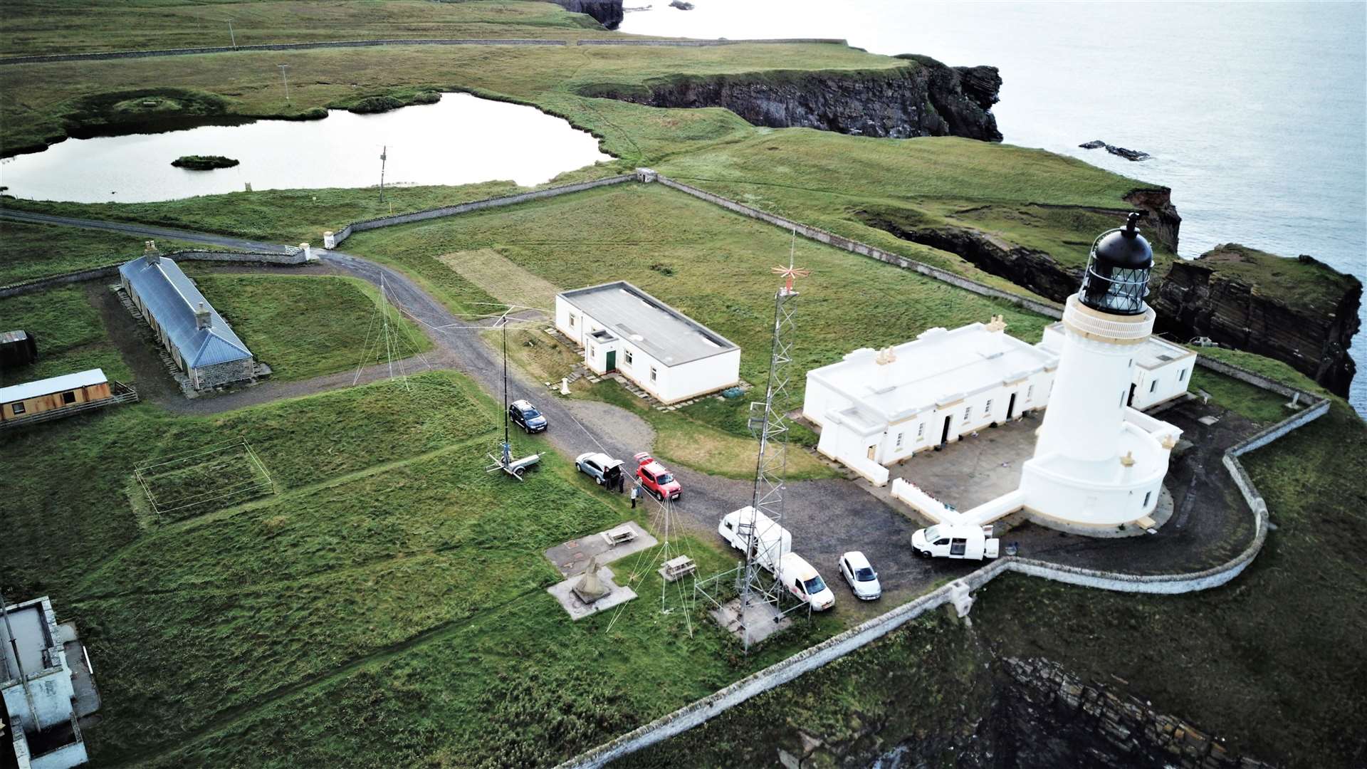 Aerial view of the Caithness Amateur Radio Society mast at Noss Head.