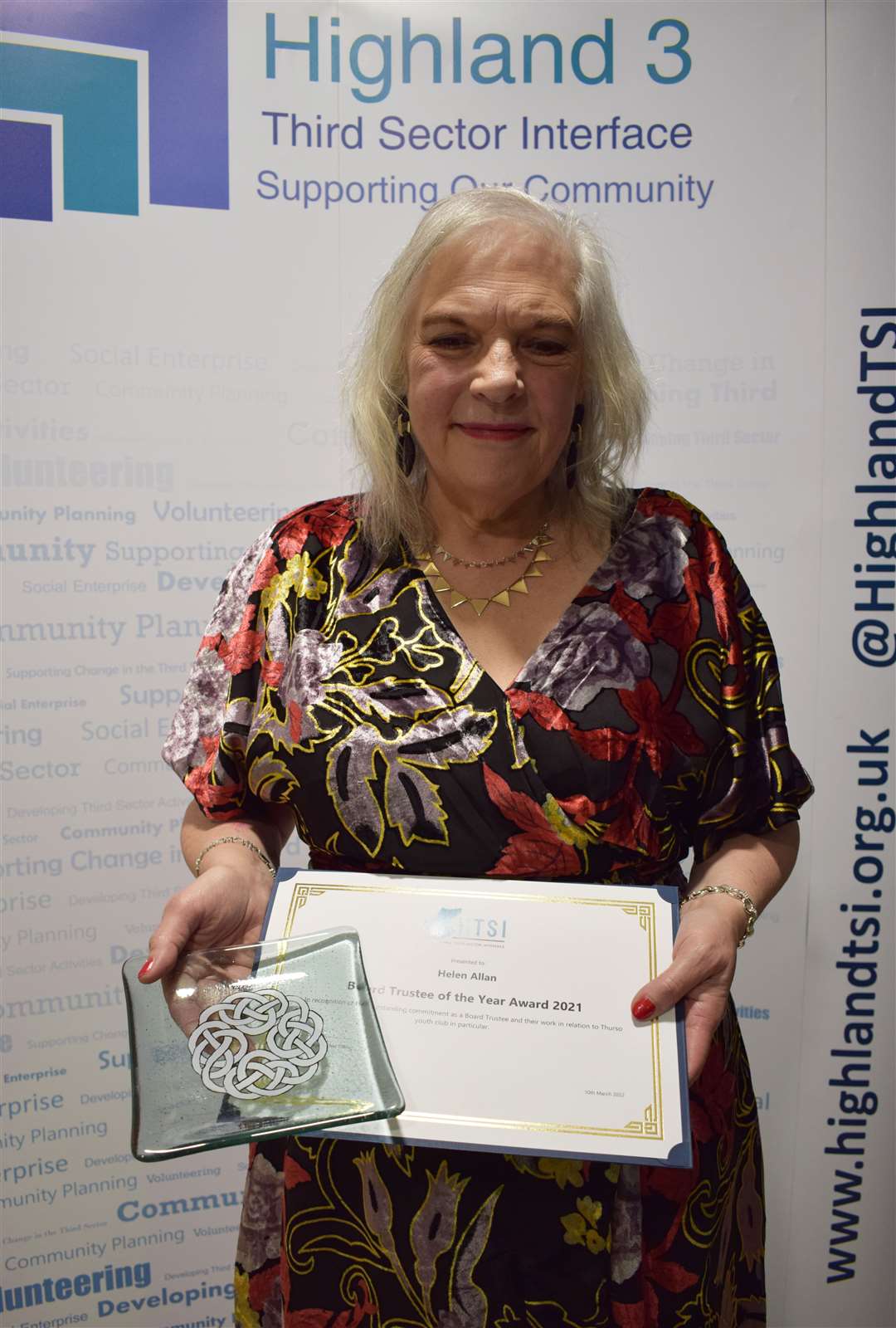 Helen Allan after being named as Board Trustee of the Year in the Highland Third Sector Awards in 2022.