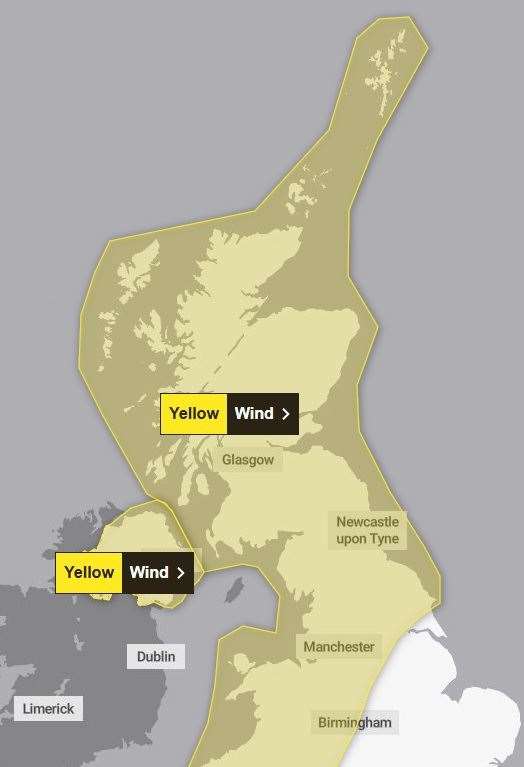 The areas covered by the wind warnings on Sunday. Picture: Met Office.