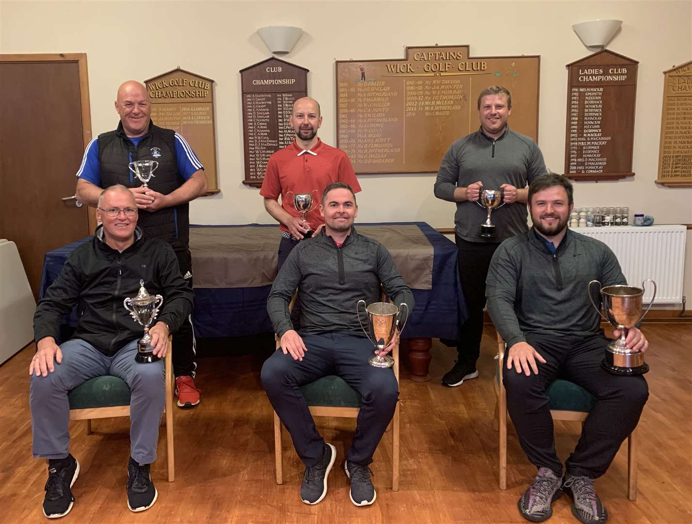 Back row (from left): Alan Farquhar, senior strokeplay champion; Alan Forbes, scratch strokeplay champion; Mark Mackay, handicap strokeplay champion. Front: Peter Taylor, senior club champion; Gordie Steven, club champion; Graeme Mackay, handicap club champion.