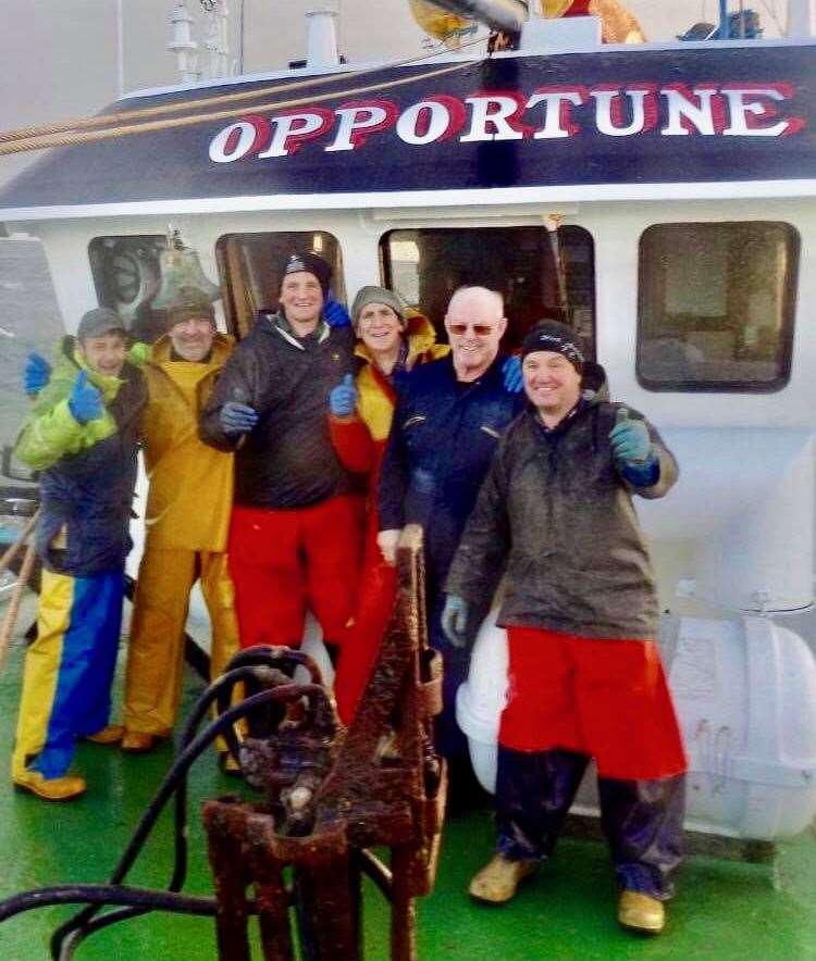 The Opportune crew on the deck while towing their last haul. From left are Michael Munro, Alistair Jappy, David Mackay, who has worked on the boat more than 30 years, Magnus Cowie, skipper David Fraser and Keith Macadie.