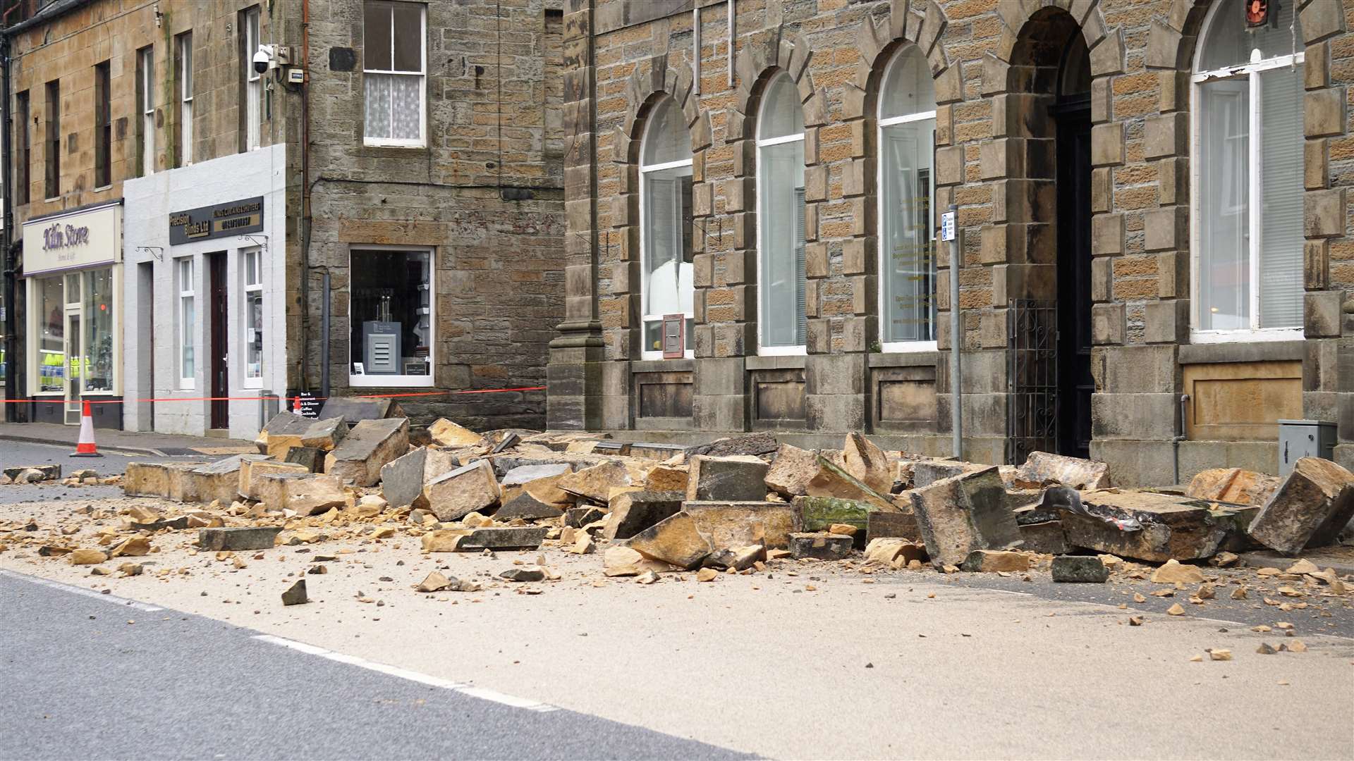 Tons of masonry collpased onto the street from the roof of a building on Traill Street in Thurso on May 1. Picture: DGS