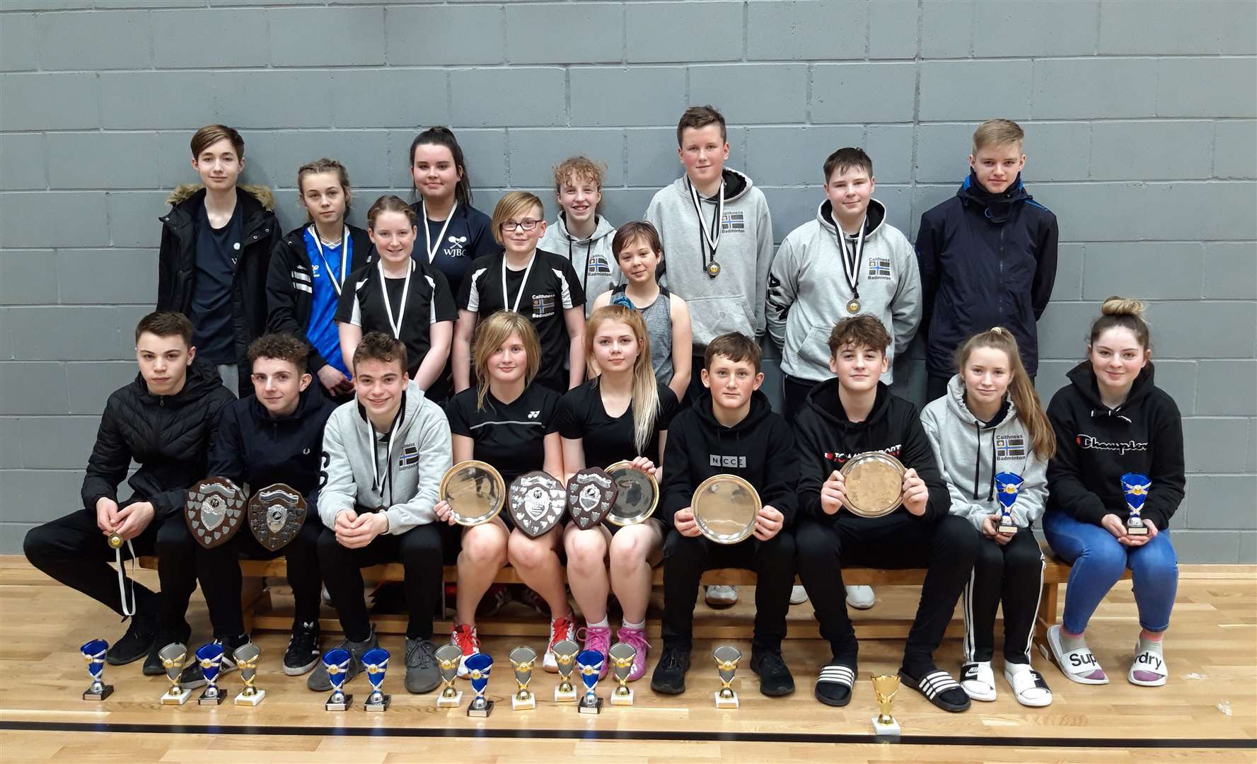 Trophy and medal winners at the end of the under-17 Caithness badminton championships held in Wick.