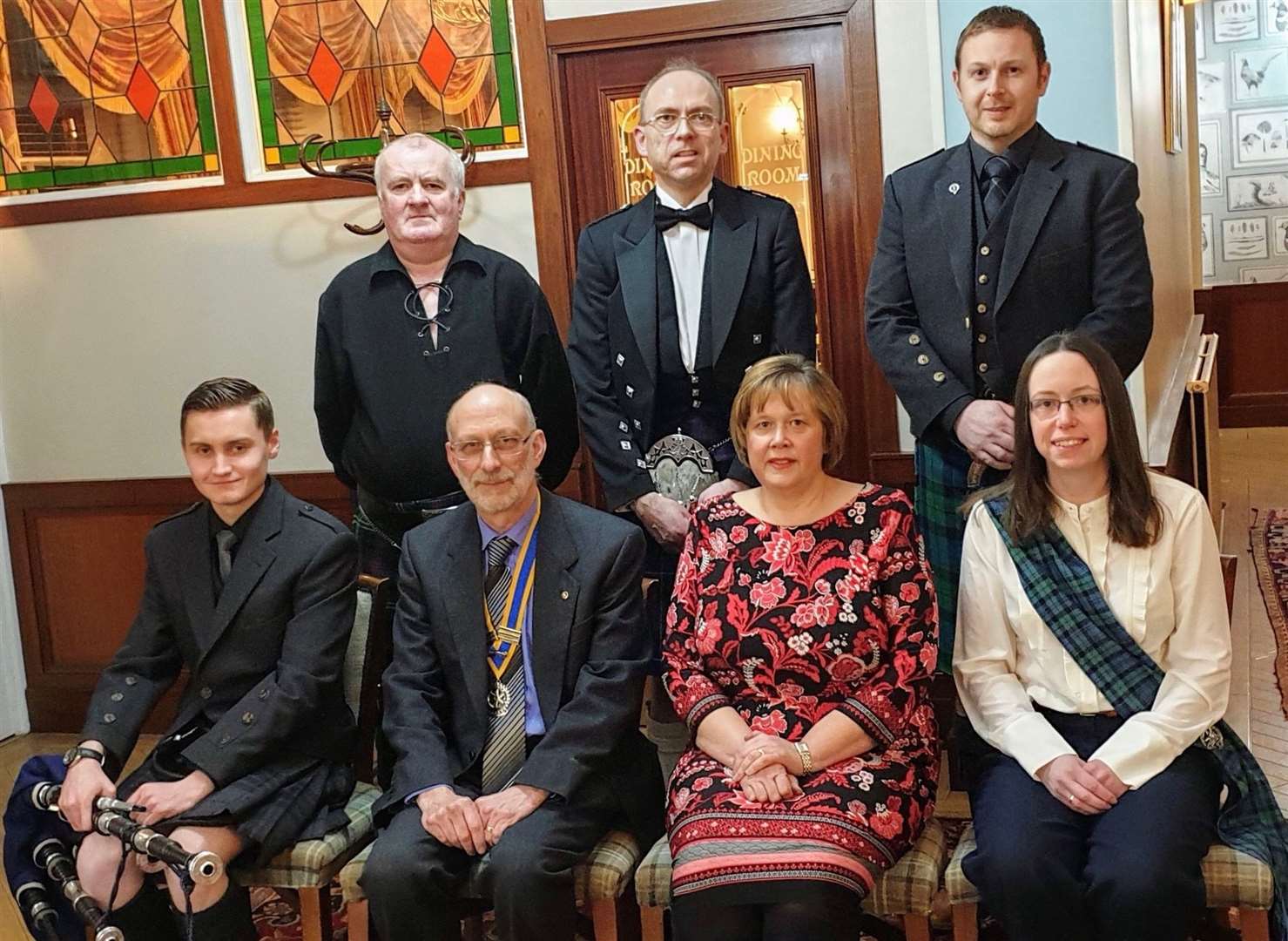 Front row, from left: Jack Manson, piper; Thurso Rotary president Alan Gerrard; Yardi Cumming, who replied on behalf of the lassies; Rotarian Charlotte Fisher, Selkirk Grace. Back row: Rotarian Kevin Sutherland, Toast to the Lassies; Rotarian Christopher Pearson, Immortal Memory; and Alan Mackay, who gave the Address to a Haggis.