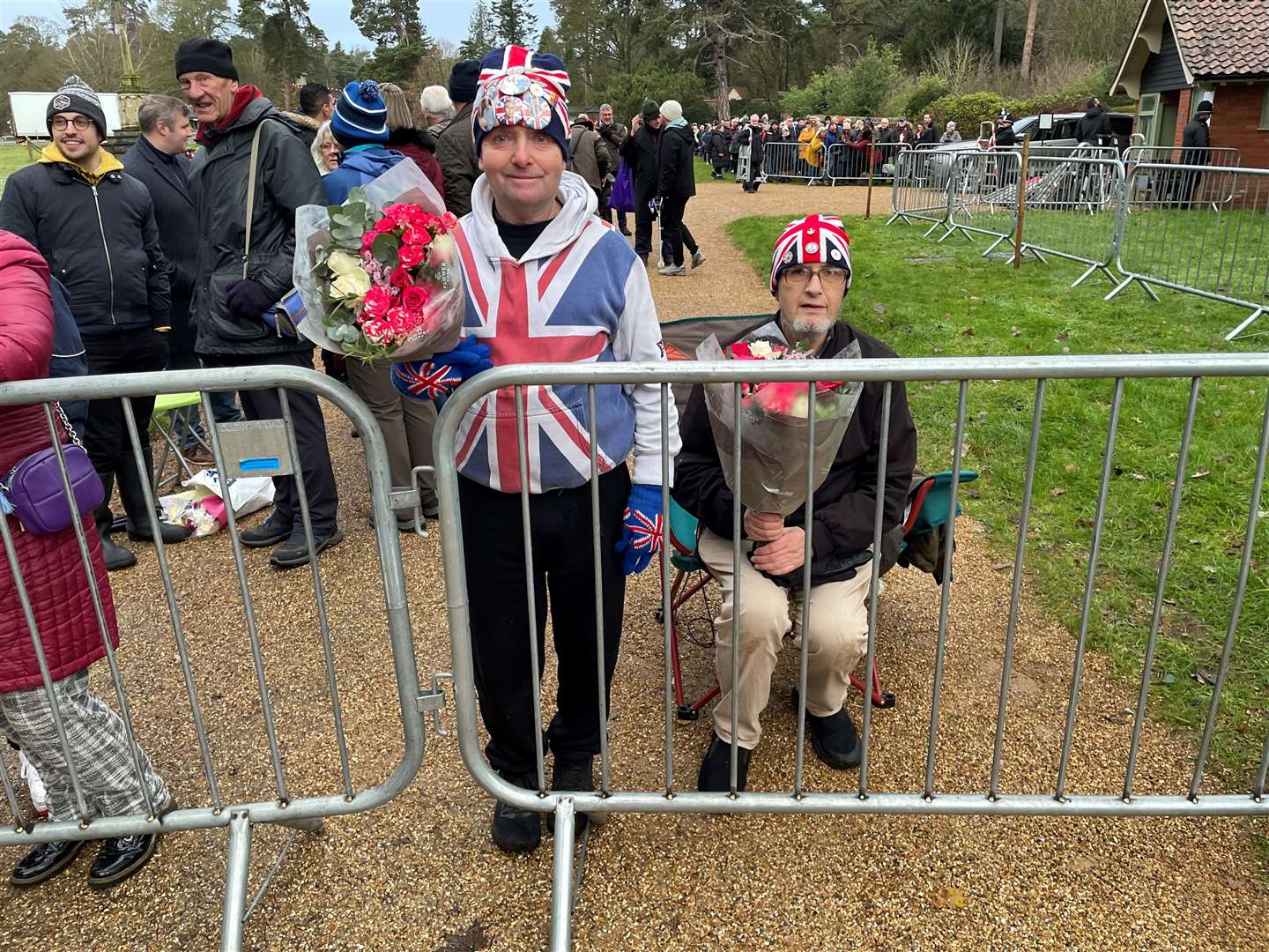 Royal fan John Loughrey (left) and his friend Sky London at the front of the queue at Sandringham ahead of the service (Sam Russell/PA)