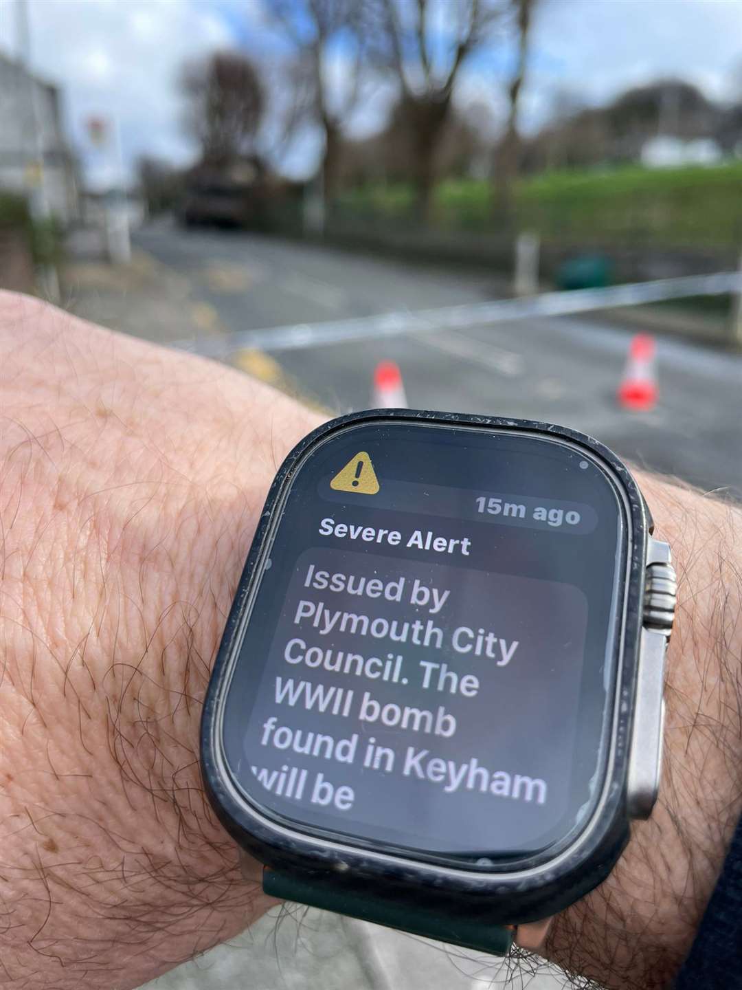 The Severe Alert text message that was sent to local residents warning that the Second World War explosive device will be removed from a garden in Plymouth (Ben Birchall/PA)
