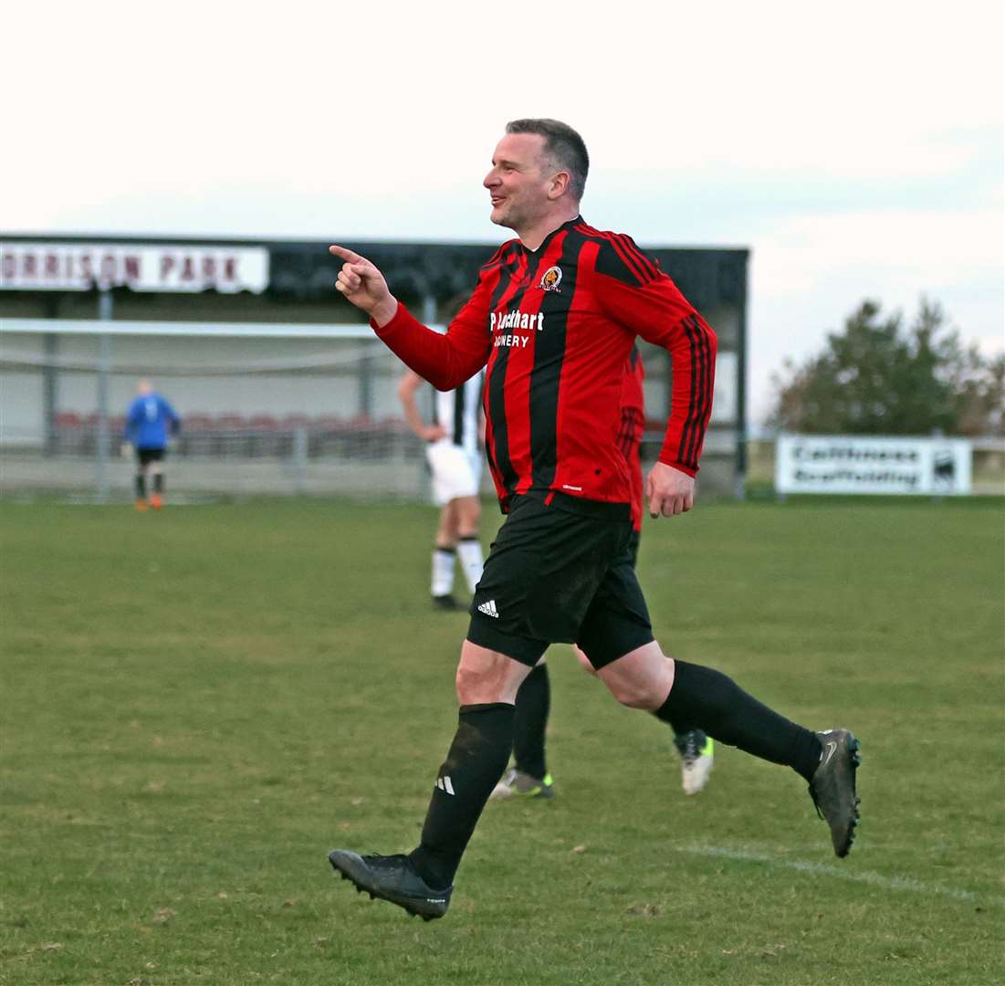 Player/co-manager Michael Bremner celebrates after his headed goal for Halkirk. Picture: James Gunn