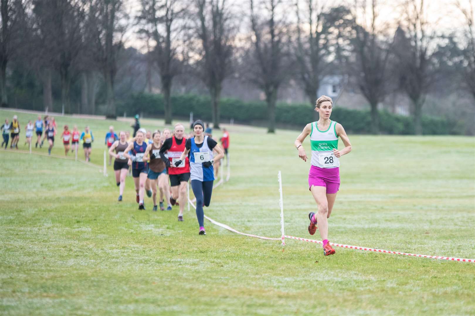 Gala Harriers' Sara Green out ahead on her way to first position in the women's race. Picture: Daniel Forsyth