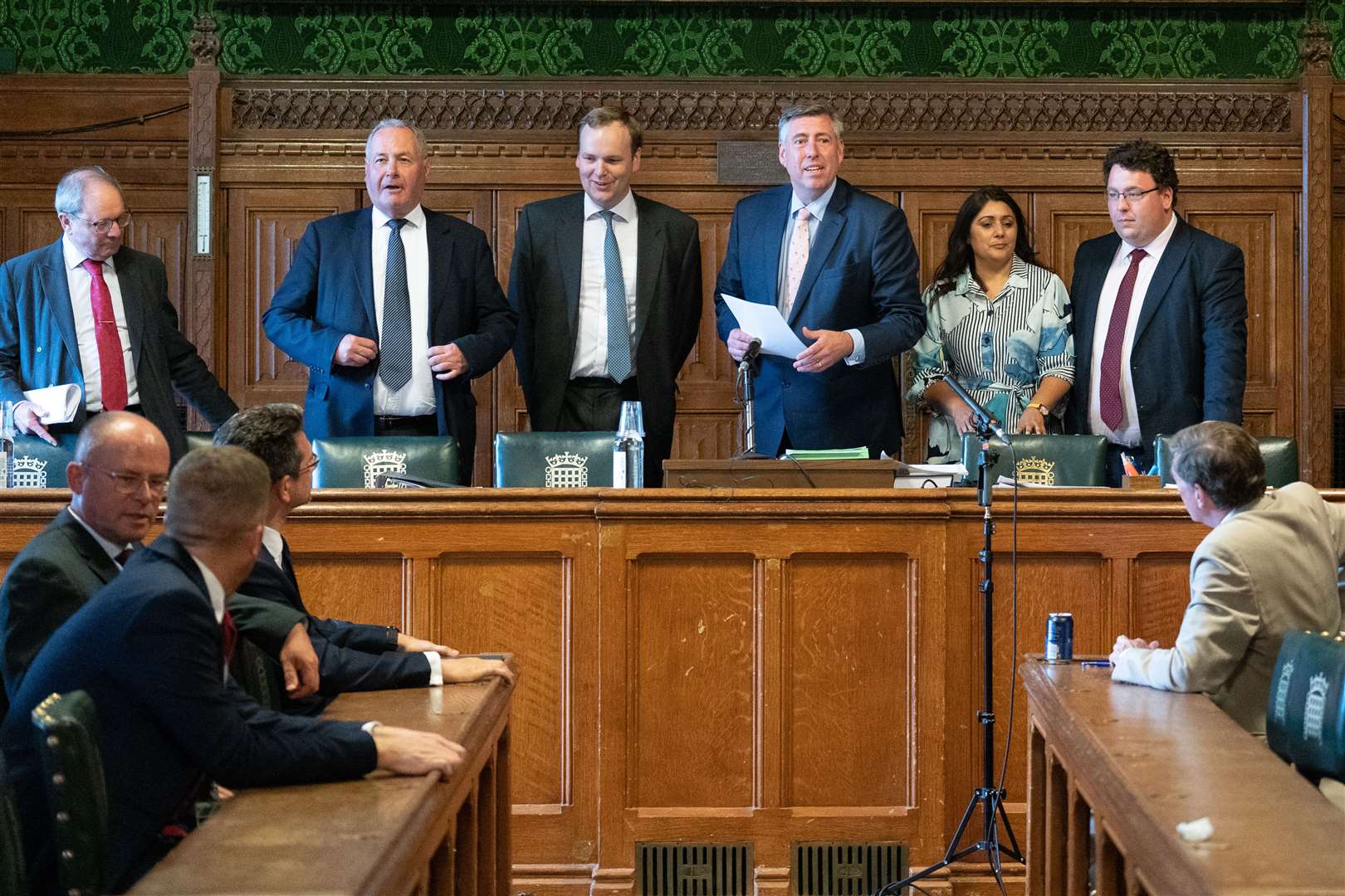 Sir Graham Brady (fourth from left), chairman of the 1922 Committee, announces which hopefuls have won the support of the 20 MPs required to enter into Tory Party leadership contest (Stefan Rousseau/PA)
