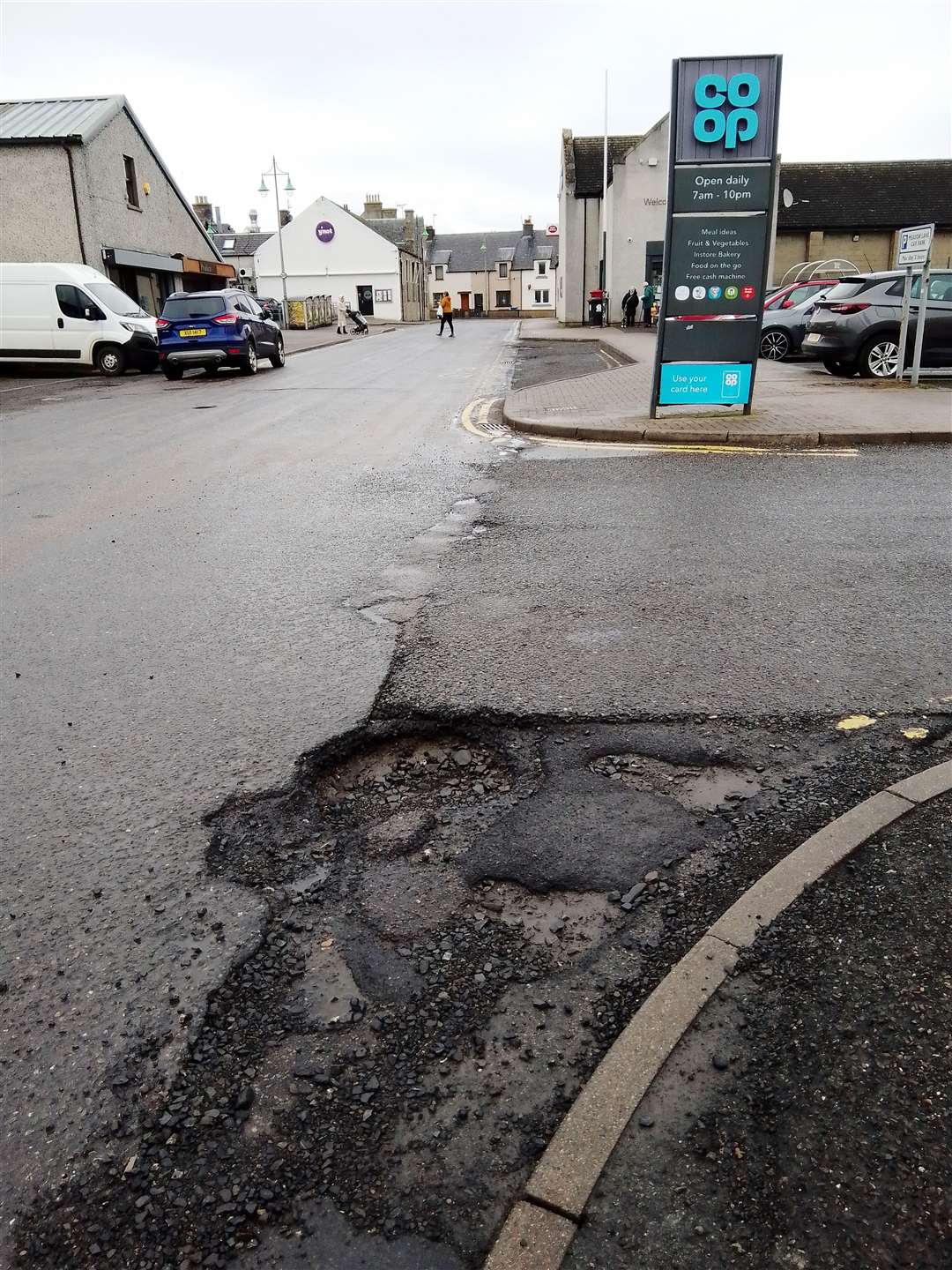 The potholed car park at the Co-op in Thurso town centre.