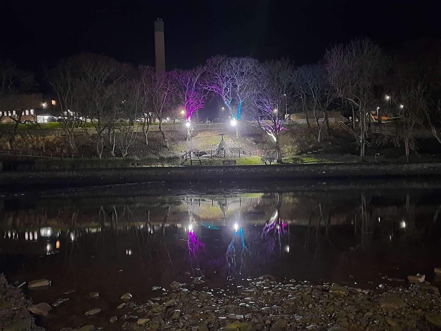 The newly illuminated fountain viewed from the opposite side of Wick River. Picture: Willie Watt
