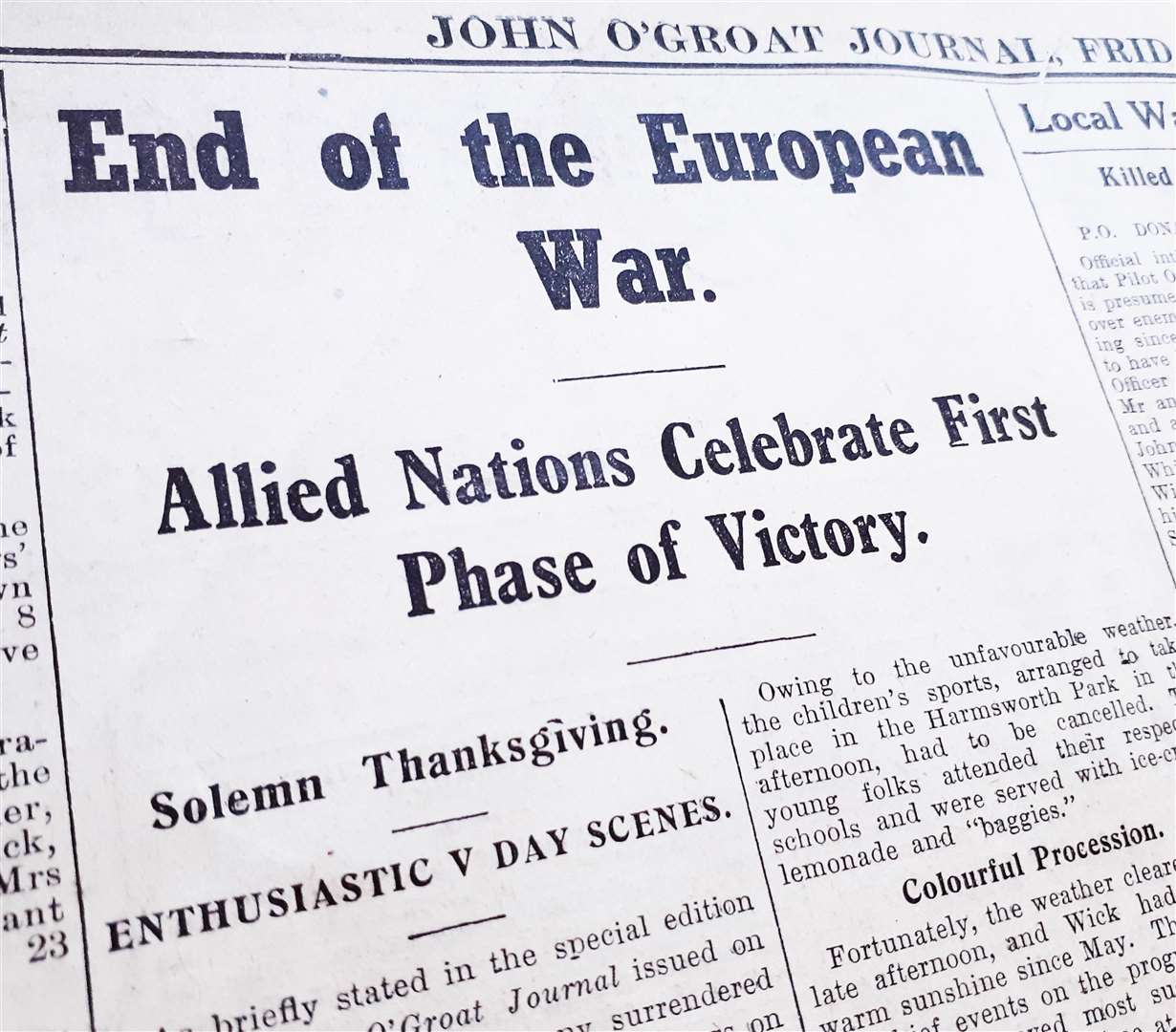 How the John O'Groat Journal reported the end of the war in Europe in its edition of May 11, 1945.