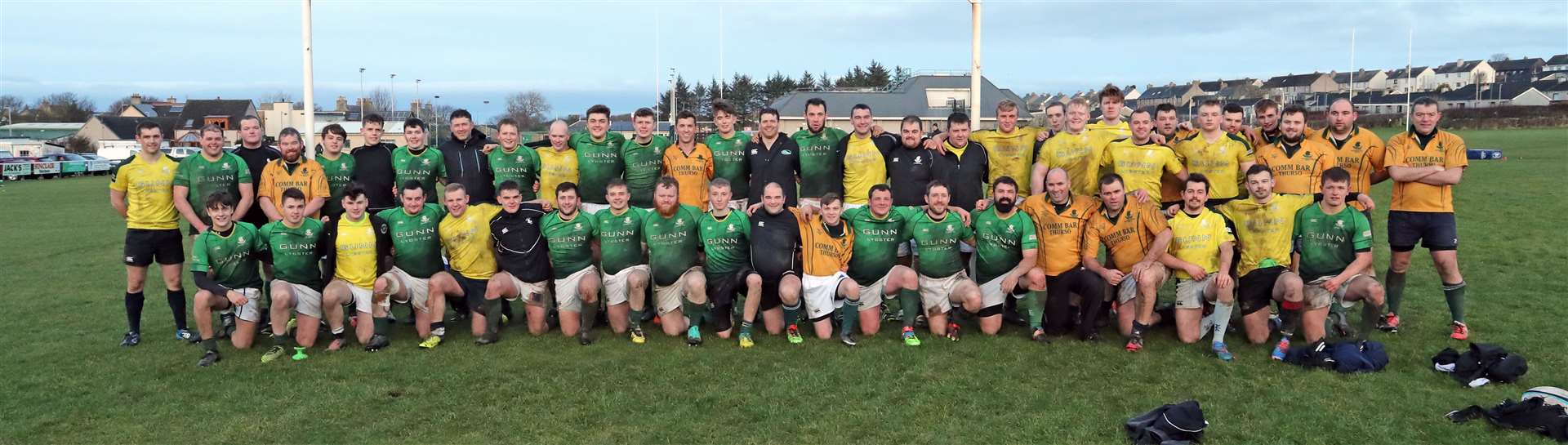 The Caithness and Exiles teams at the end of the well-attended Boxing Day match at Millbank, Thurso. Picture: James Gunn