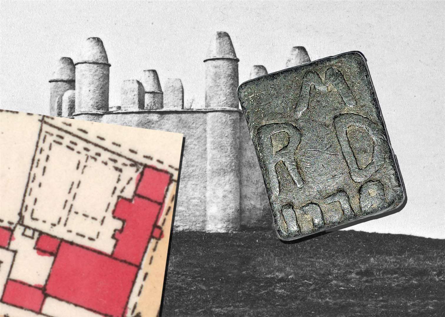 Plan of the Original Seceders Church, Harold’s Tower and an Anti-burgher’s communion token from 1778 with initials of Robert Downie.