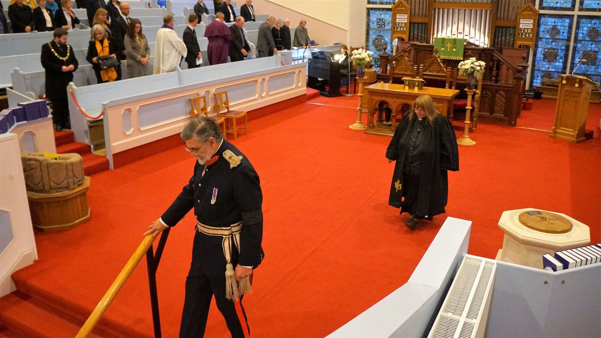Lord Thurso, His Majesty’s Lord-Lieutenant for Caithness, leaves the church at the end of an emotional service. Picture: DGS