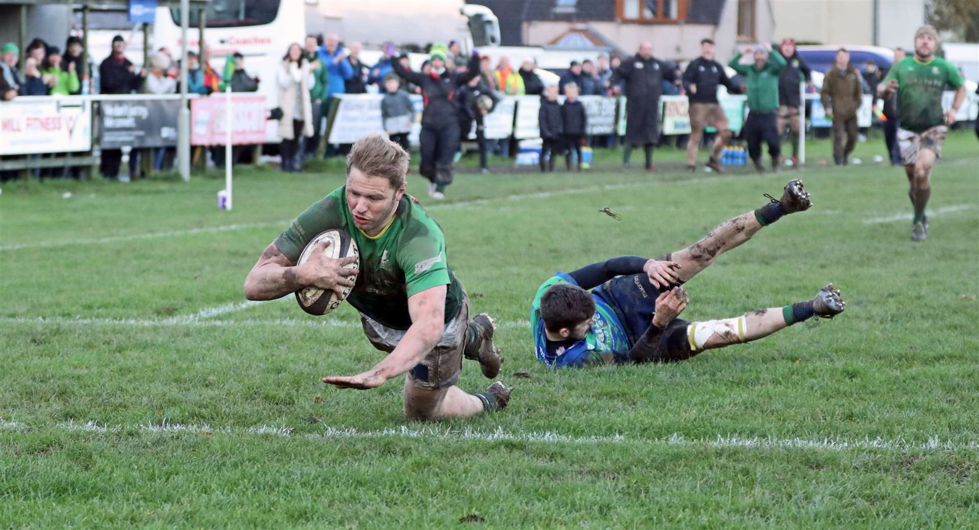 Evan Sutherland dives over to score in the 34-10 win against Aberdeen Wanderers at Millbank. Picture: James Gunn