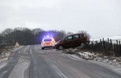 Icy conditions on the B874 from Glengolly to Halkirk road led to this car slewing off the road and demolishing a small flagstone dyke close to the entrance of Skinnet Farm on Wednesday afternoon. The driver escaped unscathed.