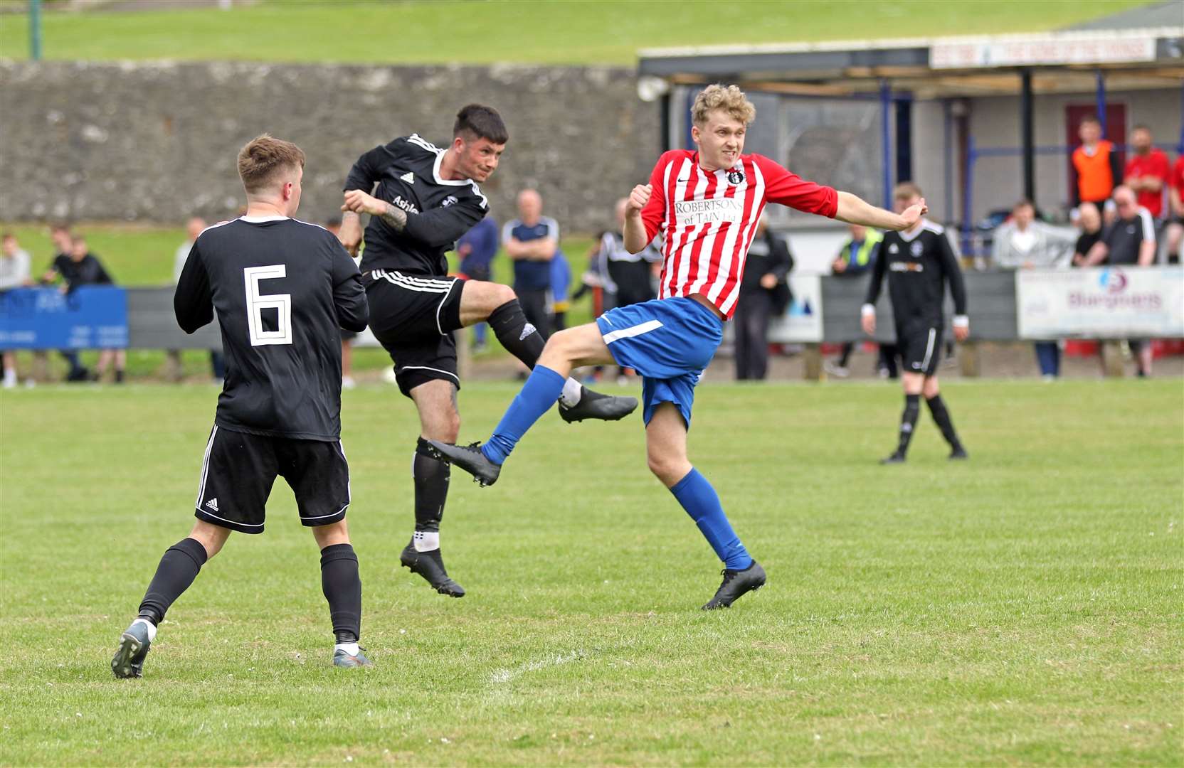 Connor MacIntosh fires in a screamer to give Thurso the lead against St Duthus at the Dammies. Picture: James Gunn