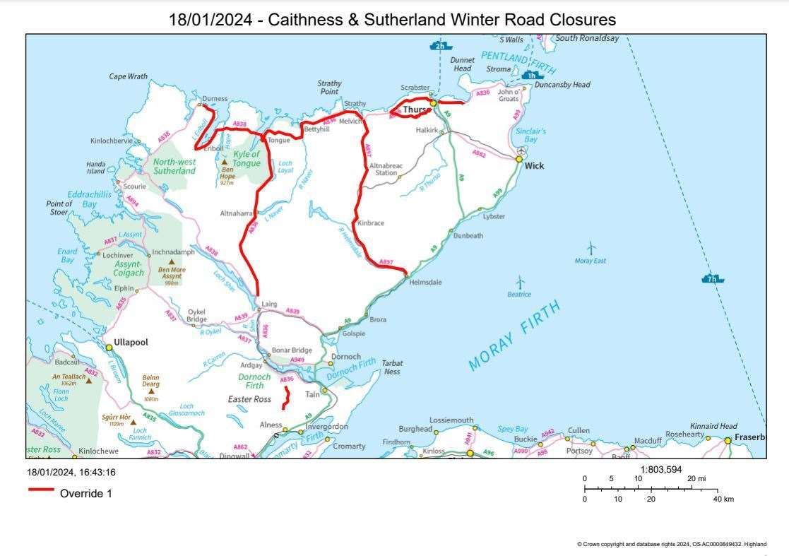 A Highland Council map of road closures today