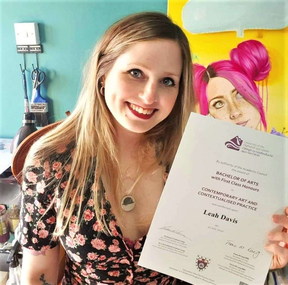 Leah Davis with the first class Honours degree she attained in August.