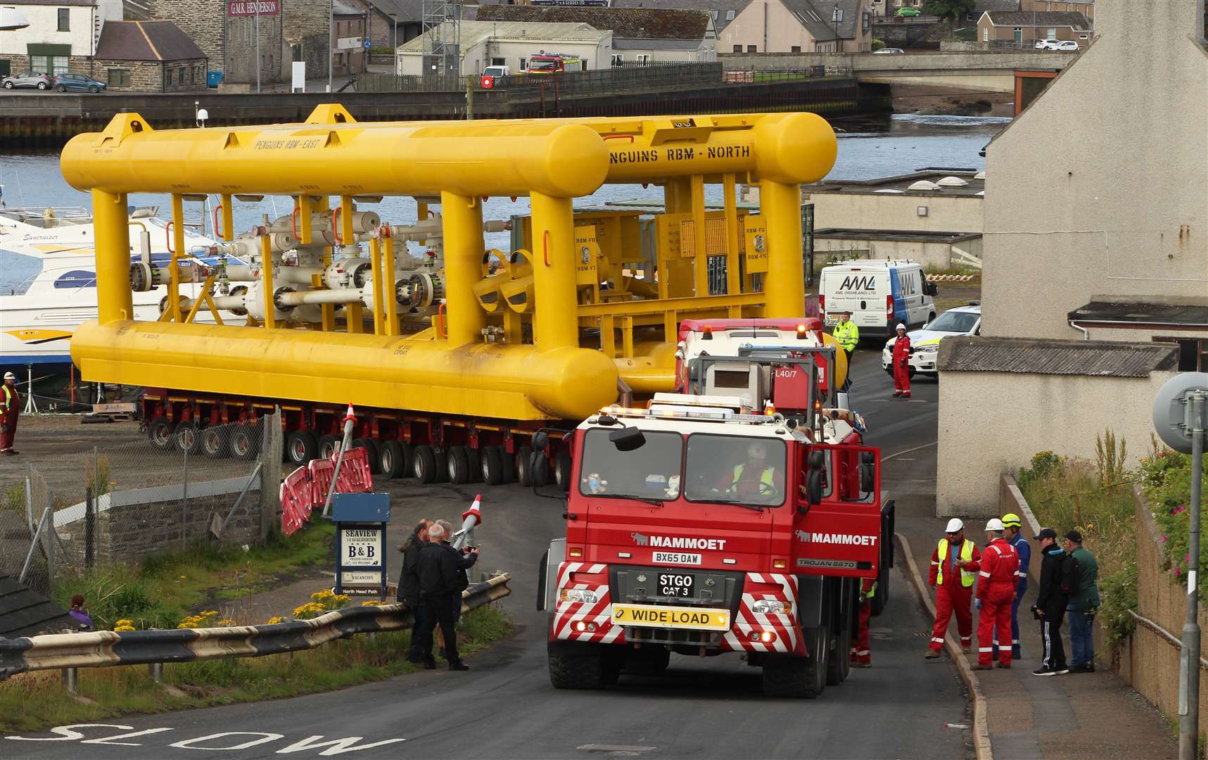 Towhead being moved from Wick harbour up Scalesburn on Monday morning at the start of its journey to Subsea 7's Wester site. Picture: Alan Hendry