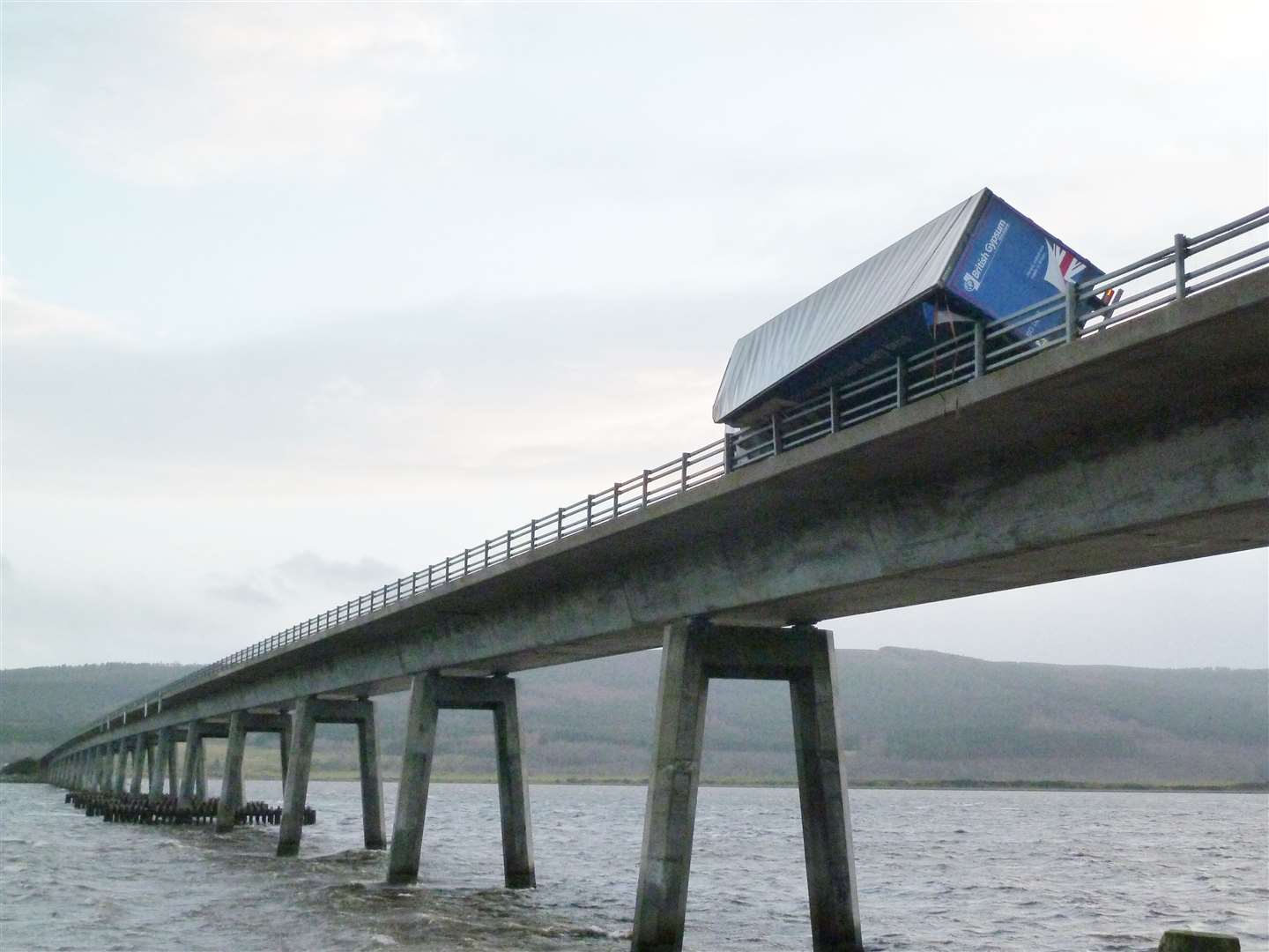 The lorry that toppled over on the Dornoch Bridge in high winds last week. Picture: Peter Sutherland