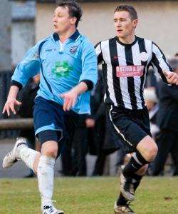 Academy’s Gary Manson (right) in action during a home game against Fraserburgh in January. The Scorries won 2-0.