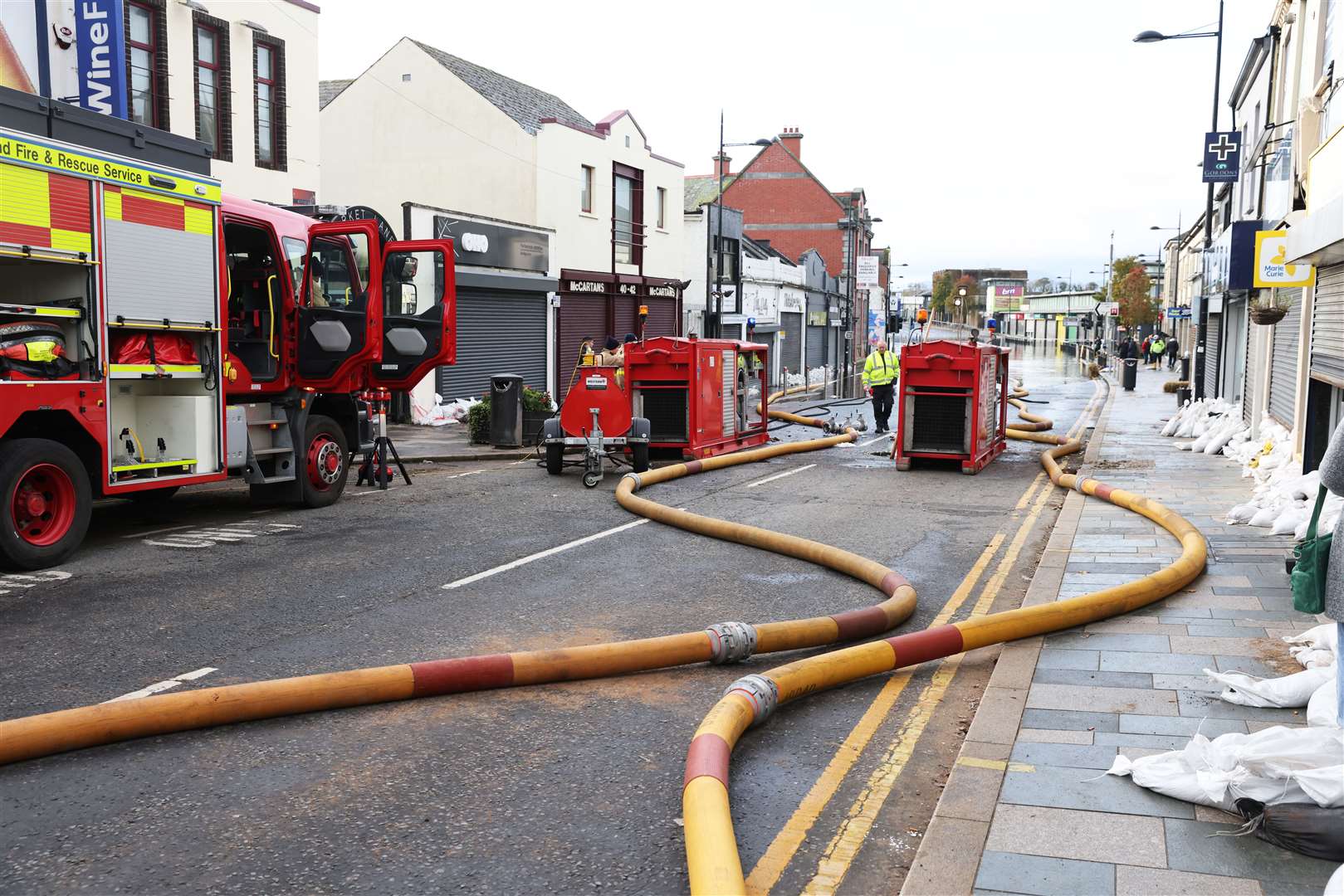 Northern Ireland Fire and Rescue Service pumped water from flooded premises in Downpatrick town centre on Saturday (Peter Morrison/PA)