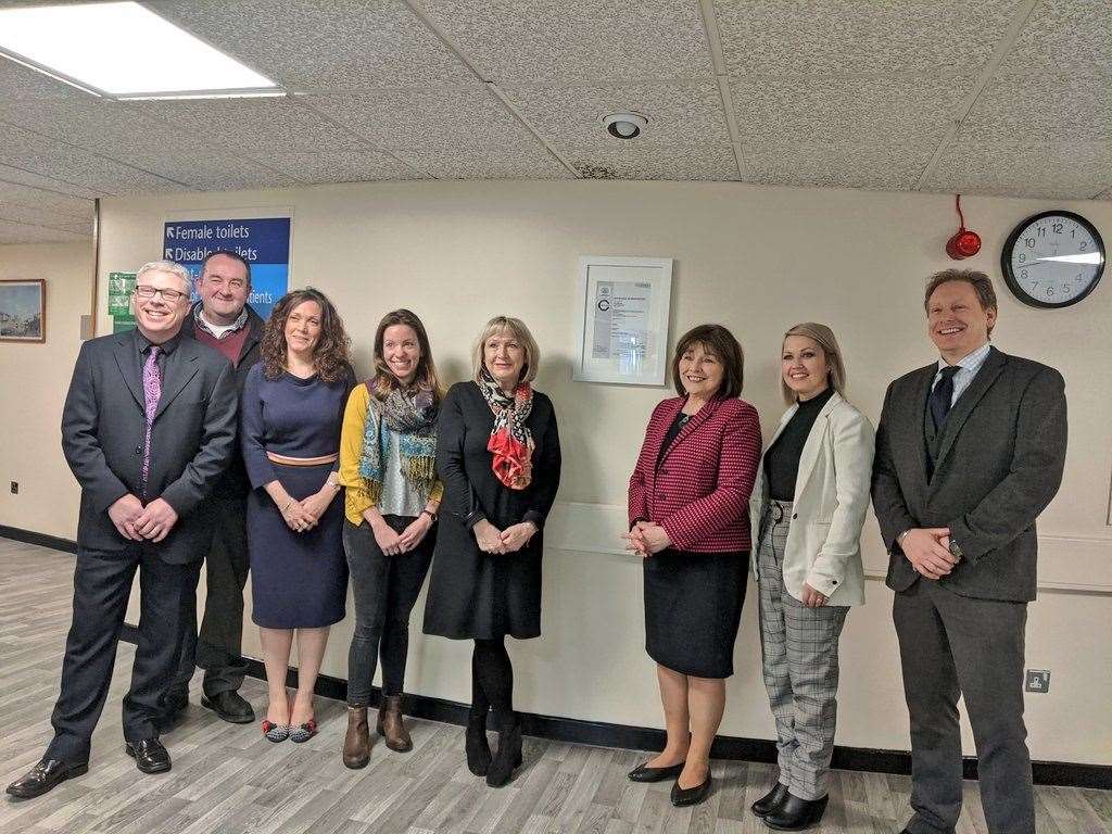 Scotland's health secretary Jeane Freeman and local MSP Gail Ross with representatives from the NHS and the Environmental Research Institute who were involved in securing the Alliance for Water Stewardship standard. The picture was taken in the early part of 2020, before the Covid-19 crisis.