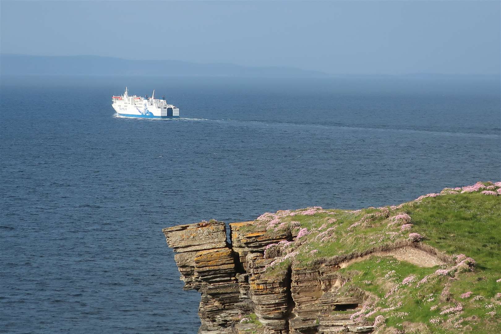 The NorthLink ferry Hamnavoe heading out of Thurso Bay towards Orkney, as seen from Holborn Head. Picture: John Davidson