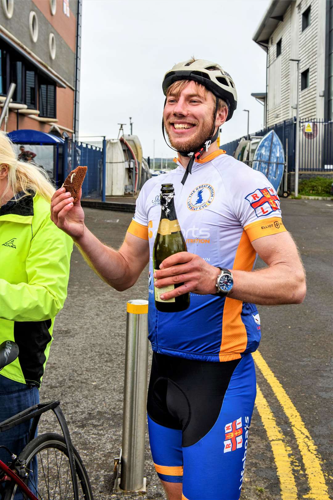 Harry celebrates with cake and champagne at the finish point in Dorset. Picture: PhotographySquared