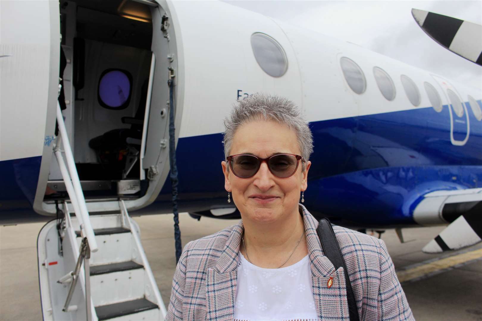 Trudy Morris represented the Caithness Chamber of Commerce when the Wick-Aberdeen PSO flights – operated by Eastern Airways – took off in April 2022. Picture: Alan Hendry