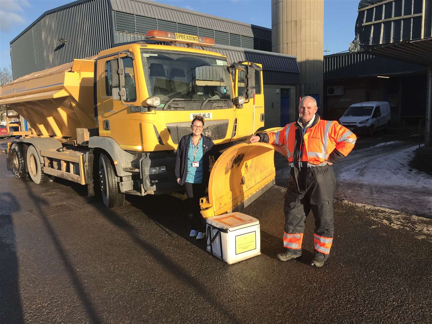 Peter Swanson, civil infrastructure manager at Dounreay, delivering the vaccines using the site’s snowplough.