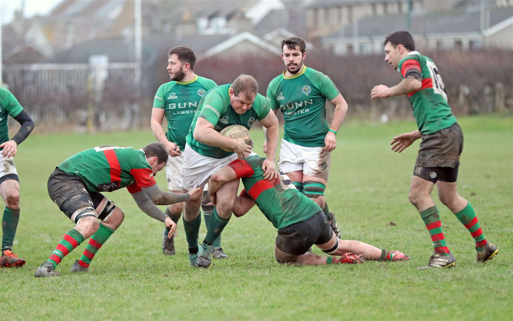 Hamish Coghill is tackled during the Greens' only outing of 2024 so far, an 18-17 Caley 1 defeat at home to Highland 2nd XV. Picture: James Gunn