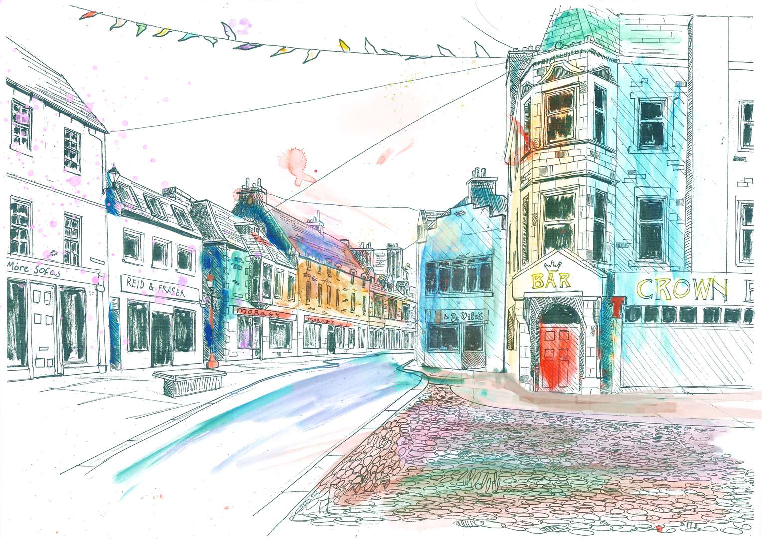 An artistic rendering of Wick High Street by JJ McGuckin for Sustrans. The regeneration project hopes to bring colour and vibrancy to the town centre.
