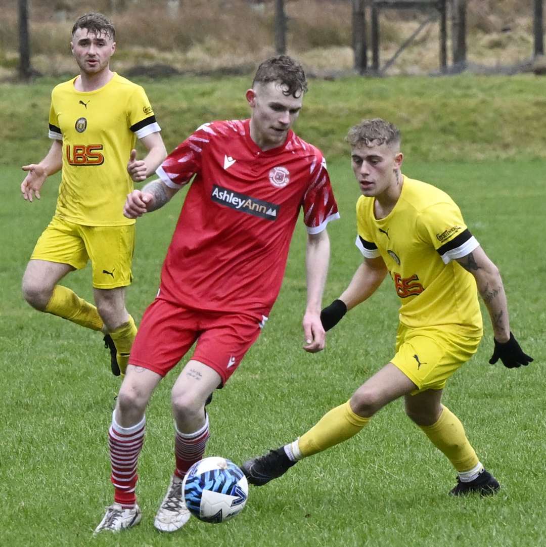 Thurso's Michael Steven and Ross Peters of Fort William during the recent league clash at Claggan Park where the Vikings lost 7-0. Picture: Iain Ferguson, The Write Image