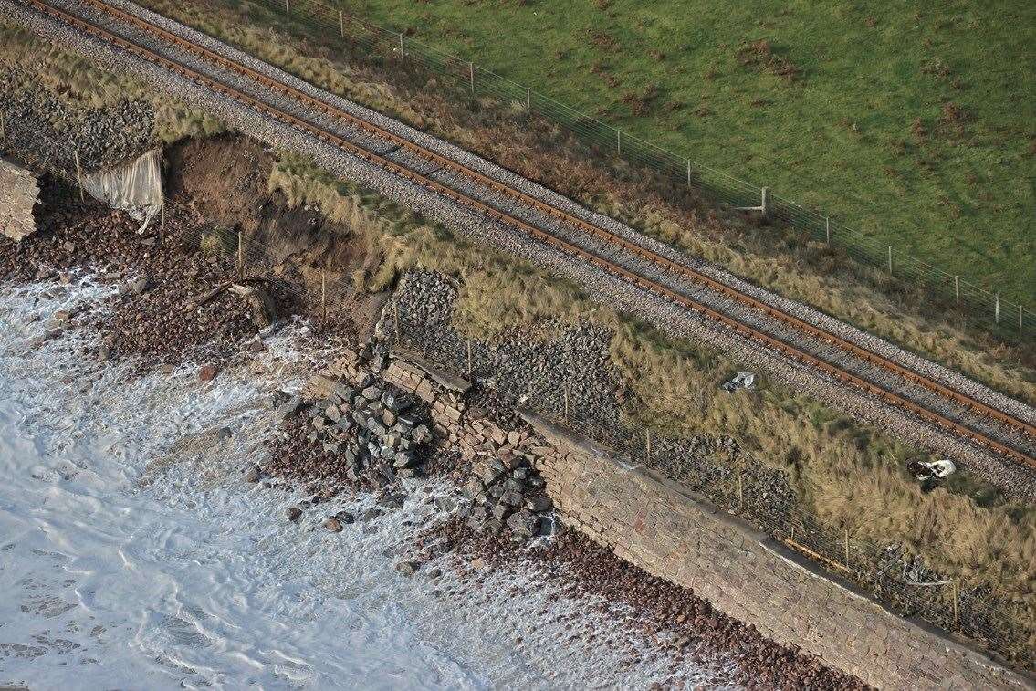 Sea wall damage at Lothbeg, between Brora and Helmsdale.