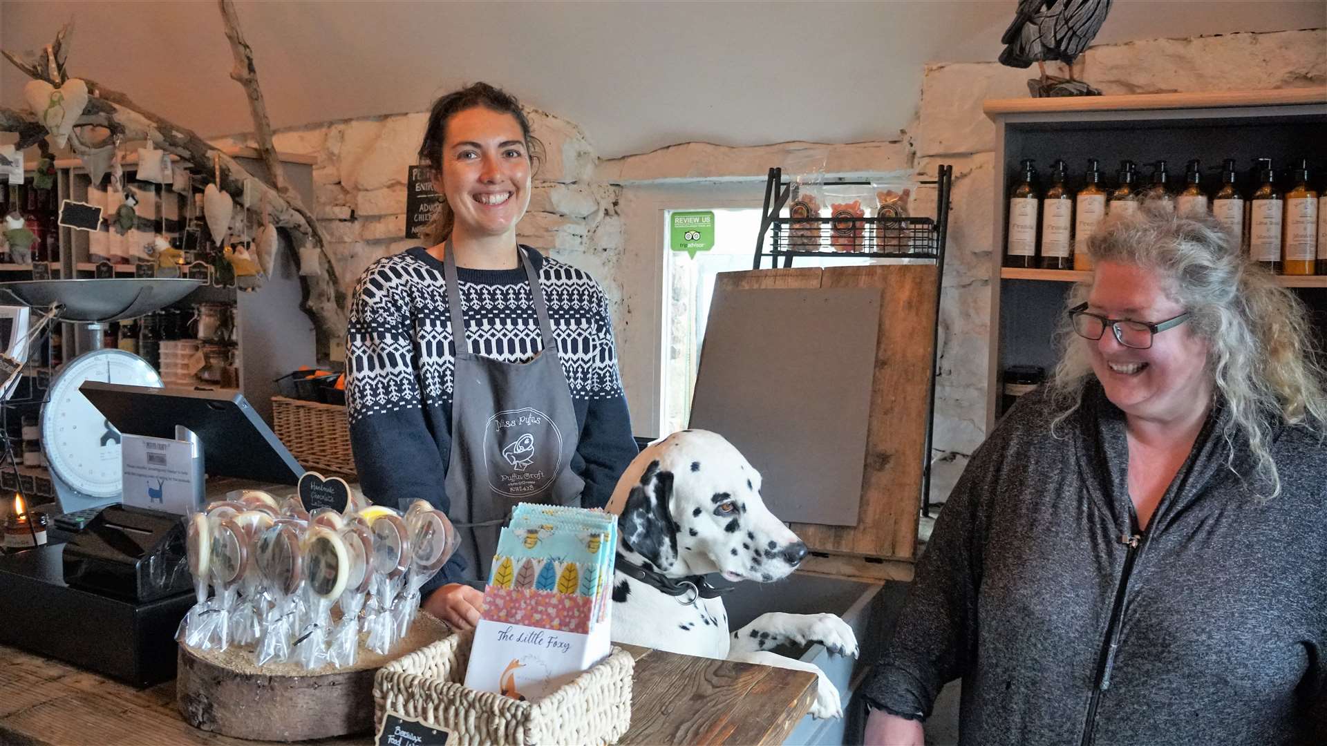 Juliette Dubois, left, with Measles the Dalmatian and Cara Young owner of Puffin Croft. Picture: DGS