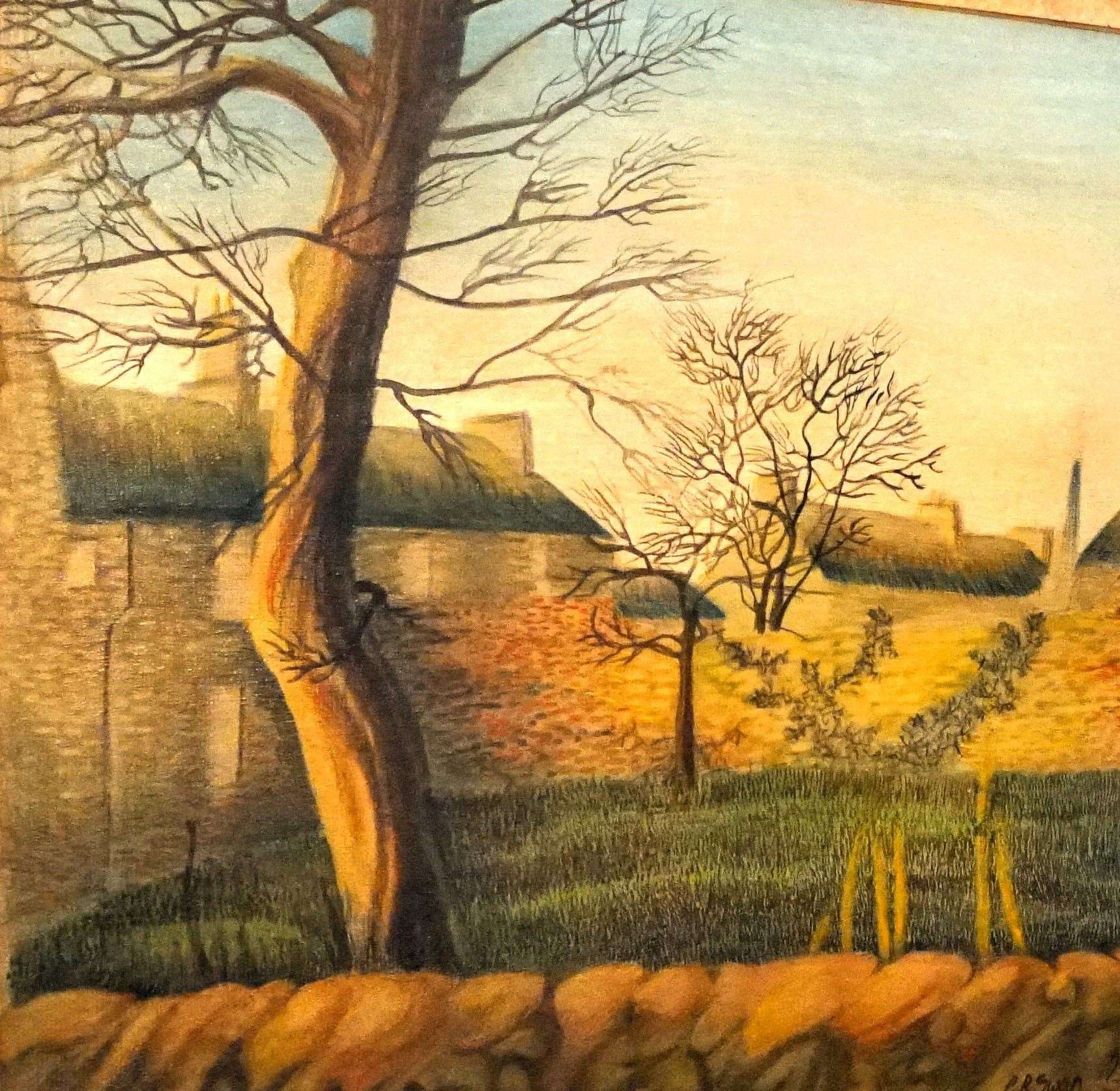 A detail of Caroline's acrylic and pastel painting called March Trees. Her partner saw a deer on the left-hand side formed from plant stalks and ivy but she says this was unintentional.