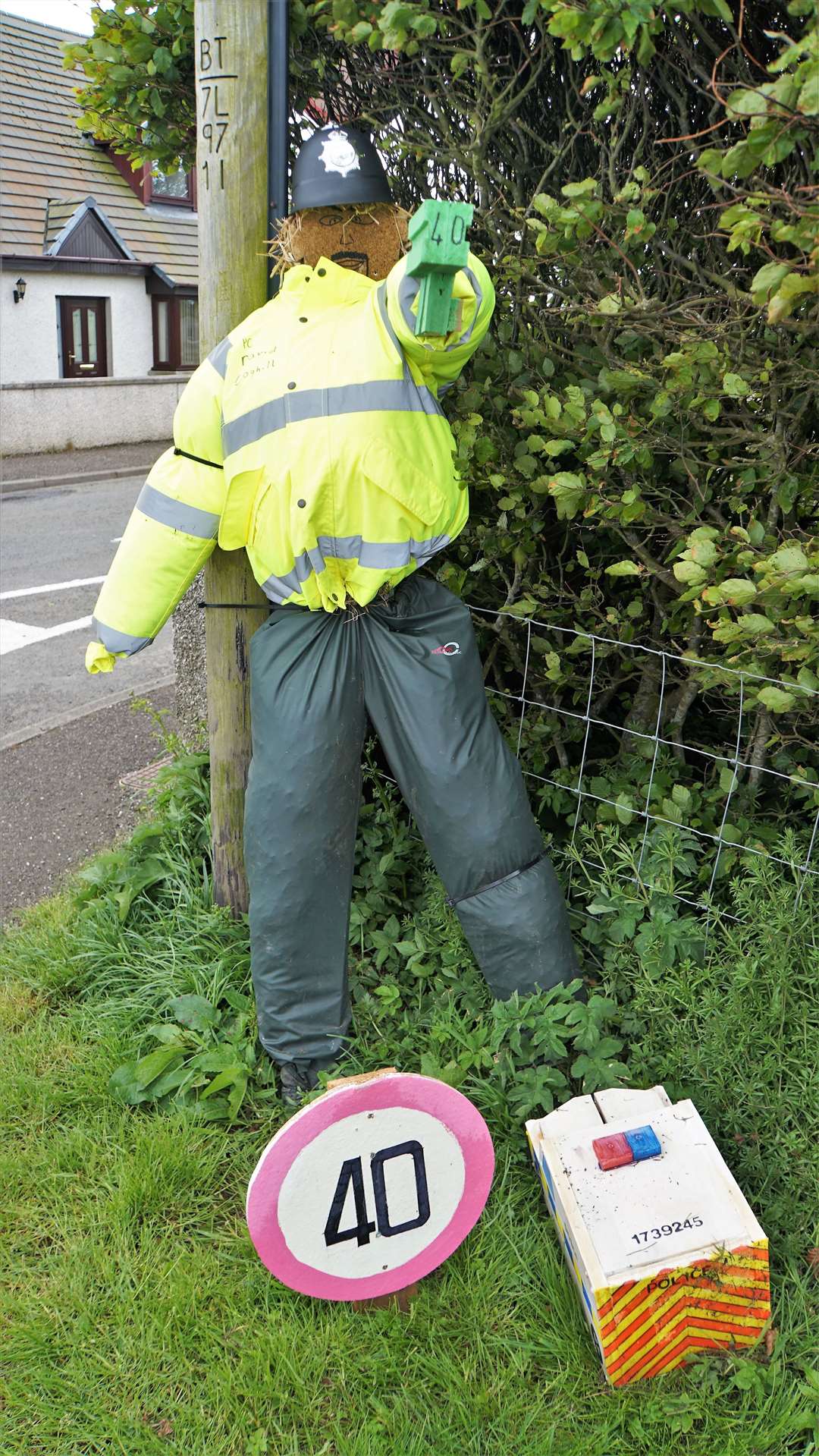 The traffic cop scarecrow put up at Reiss by six-year-old Paige Ronaldson and her family. Picture: Daivd G Scott