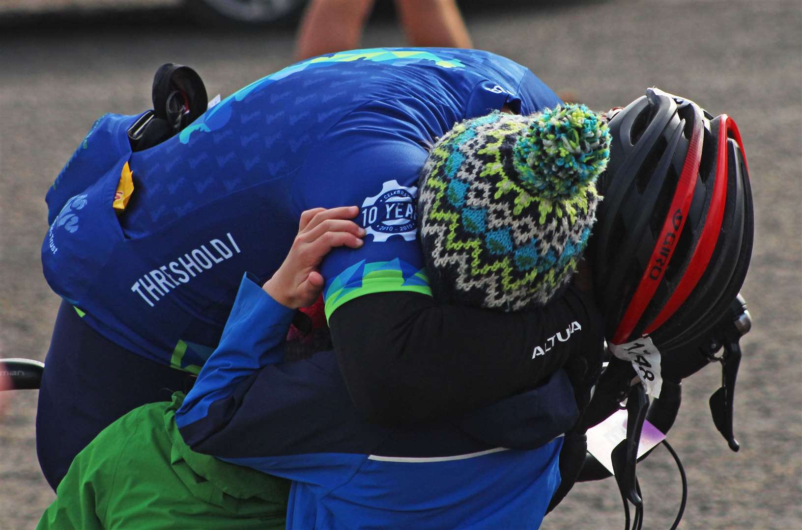 An emotional hug for one of the riders at the end of the Deloitte Ride Across Britain. Picture: Alan Hendry