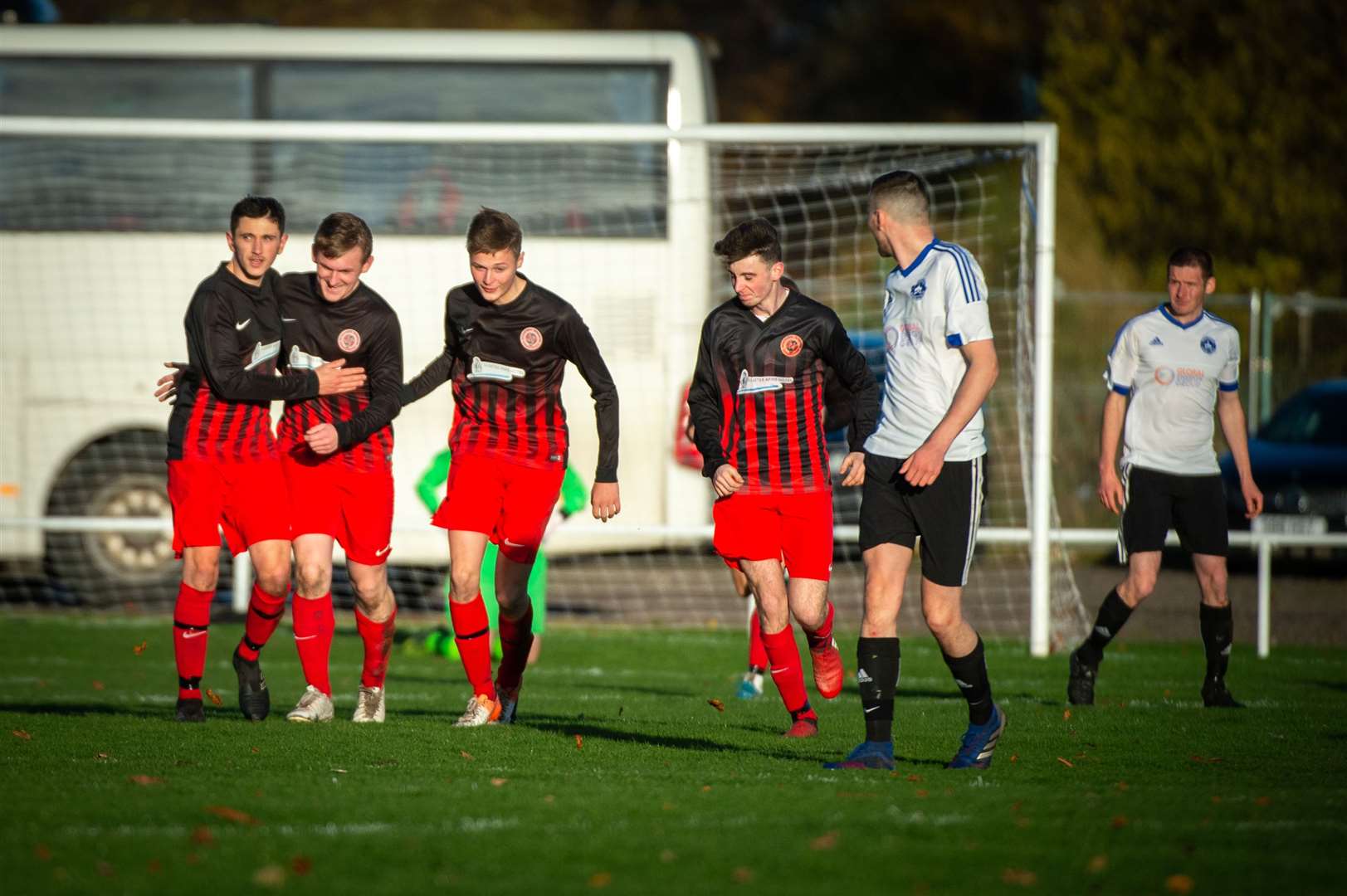 Halkirk United players celebrate after Andy Mackay's rocket shot got them back in the game at Invergordon last weekend. Picture: Callum Mackay
