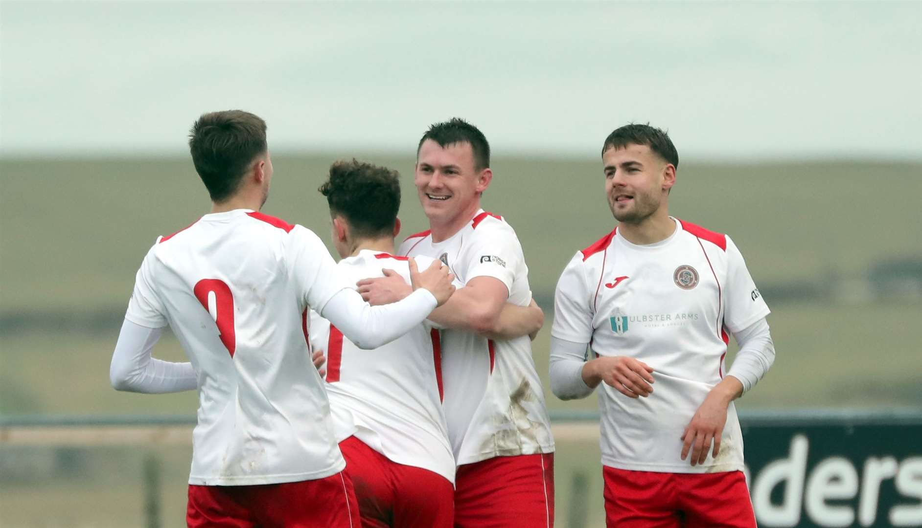 Andy Mackay (centre) is congratulated after slotting in his second goal by James Mackintosh, Mark Munro and Jonah Martens. Picture: James Gunn