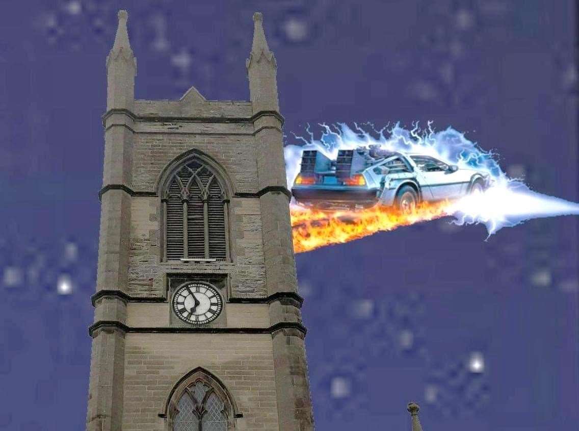 A jocular graphic by Alexander Glasgow based on comedy scifi classic Back to the Future in which the town clock sticks after being hit by lightning.