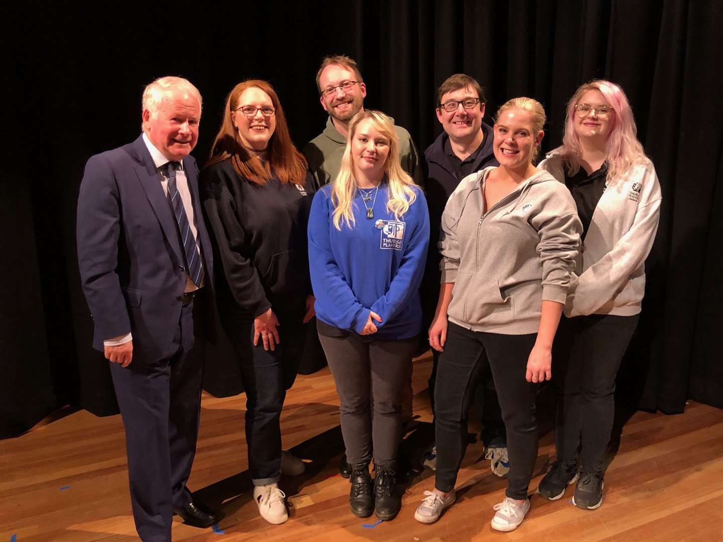 Adjudicator Brian Marjoribanks (left) with members of Thurso Players A (from second left) Faye Sutherland (writer/director), Martin Shepherd (Martin), Alan Newton (stage manager), Maeva Donaldson (producer), Emily Taylor (Annie) and Rachael Haddlesey (props).