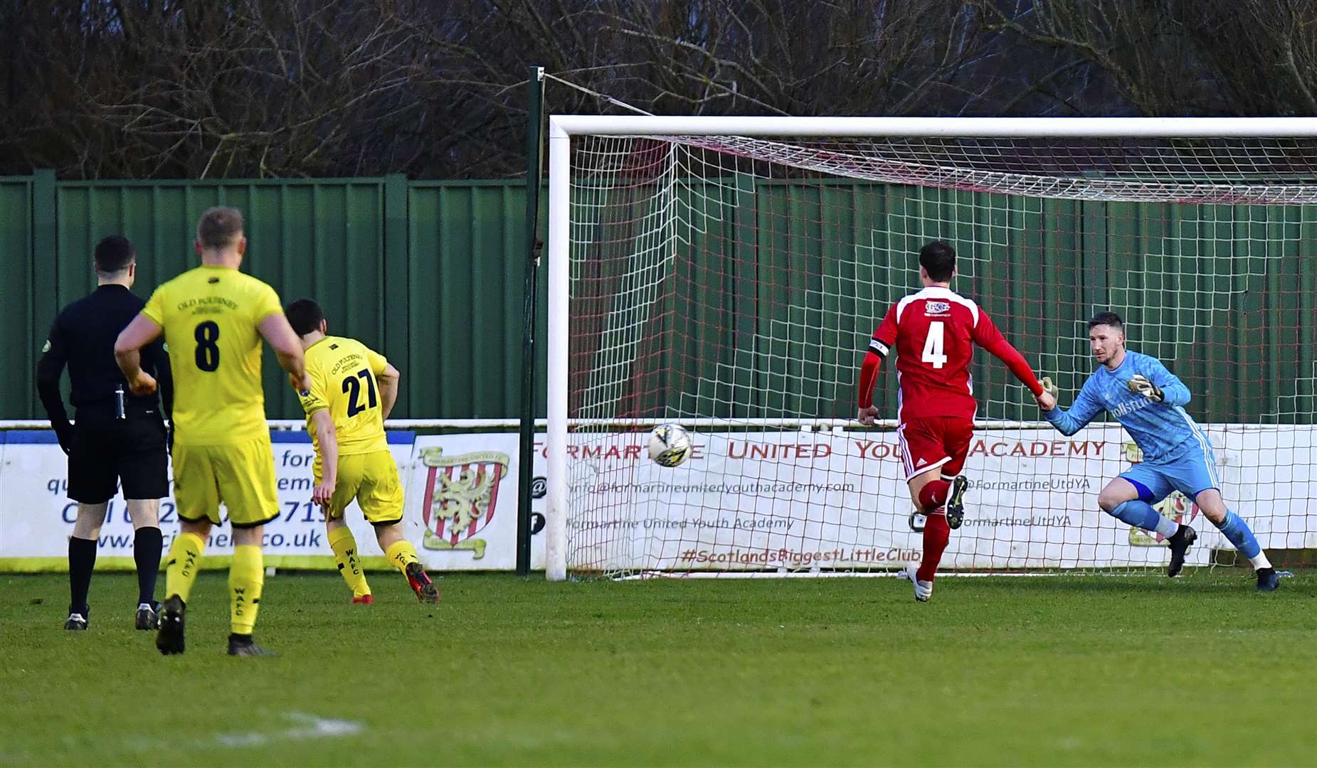 Ryan Campbell fires the ball past Formartine keeper Kevin Main to open the scoring for Wick Academy during their 2-1 win. Picture: Mel Rogers