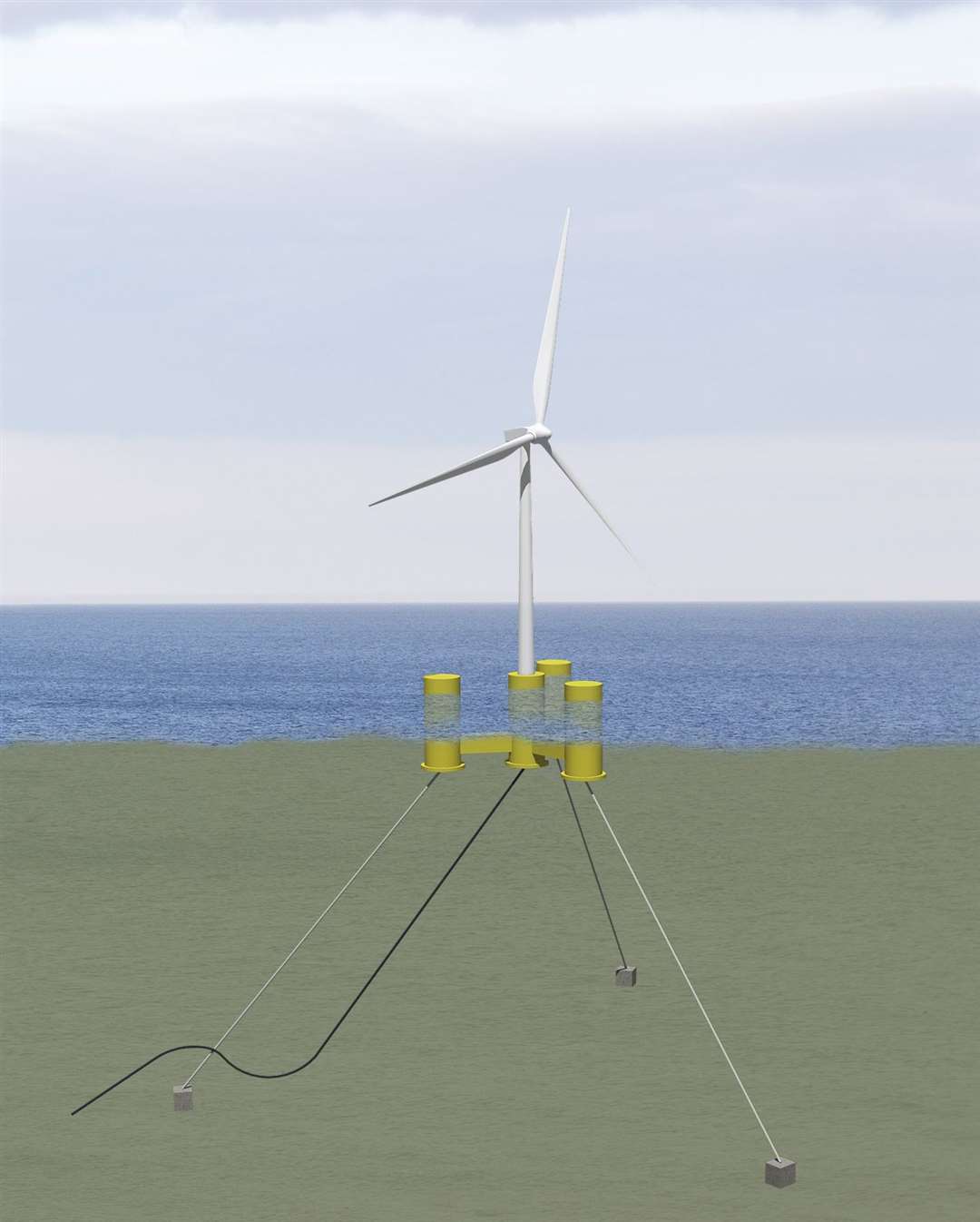 A computer-generated image of a proposed Pentland turbine with mooring lines.