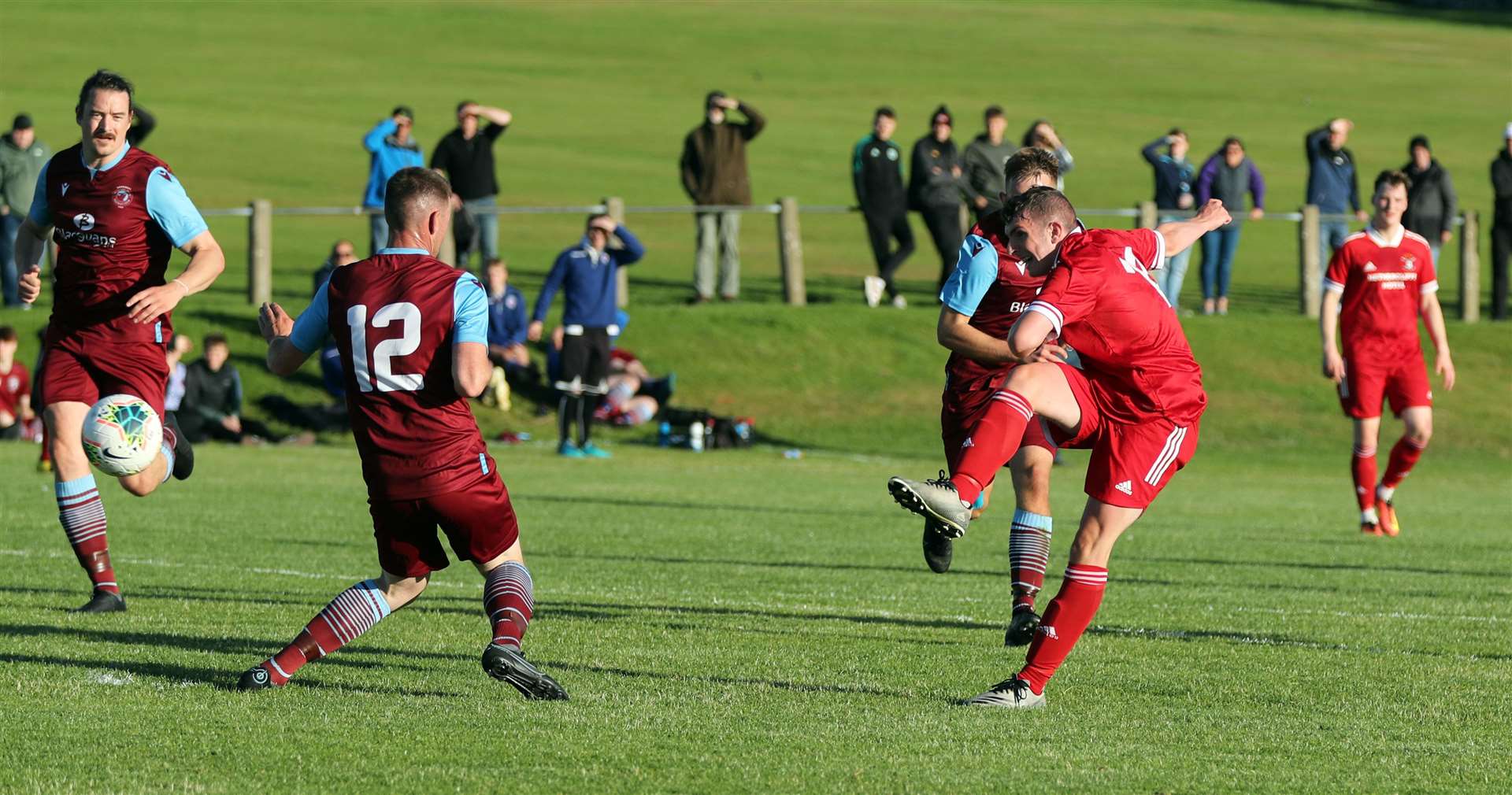 Alan Mathieson fires in the equaliser for Wick Groats past Allan Munro. Picture: James Gunn
