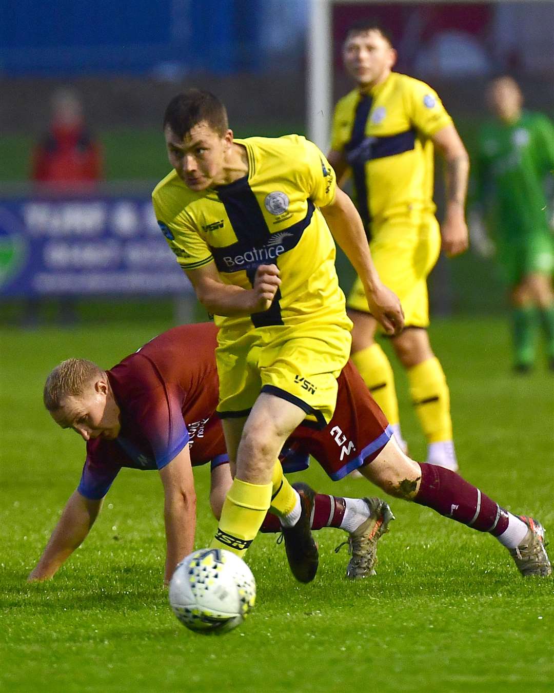 Wick's Ryan Campbell – on the ball here against Keith earlier in the season – has returned to light training as he recovers from an arm injury. Picture: Mel Roger