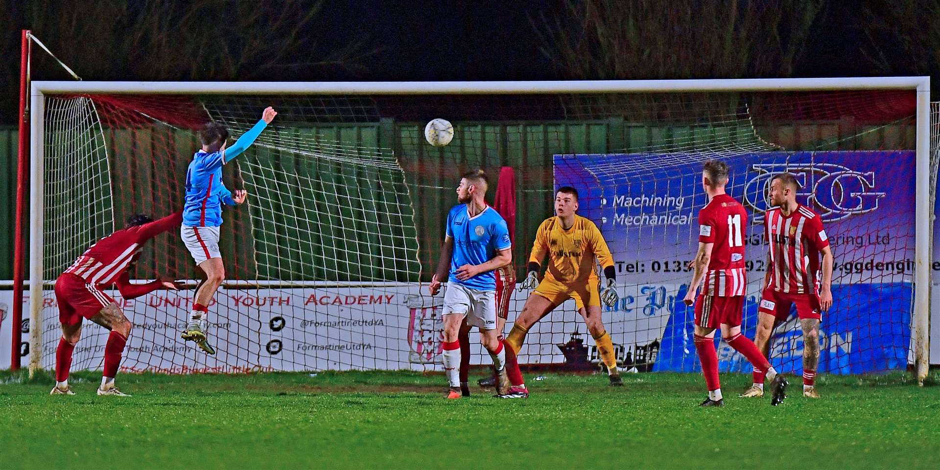 Gary Pullen's header brings Wick Academy level in the first half at North Lodge Park. Picture: Mel Roger